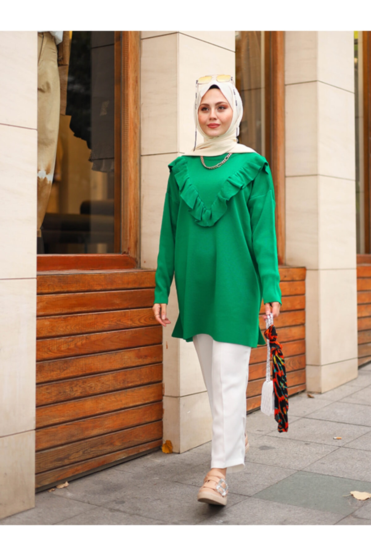 Rimel Moda Triko Örgülü Tunik Yeşil