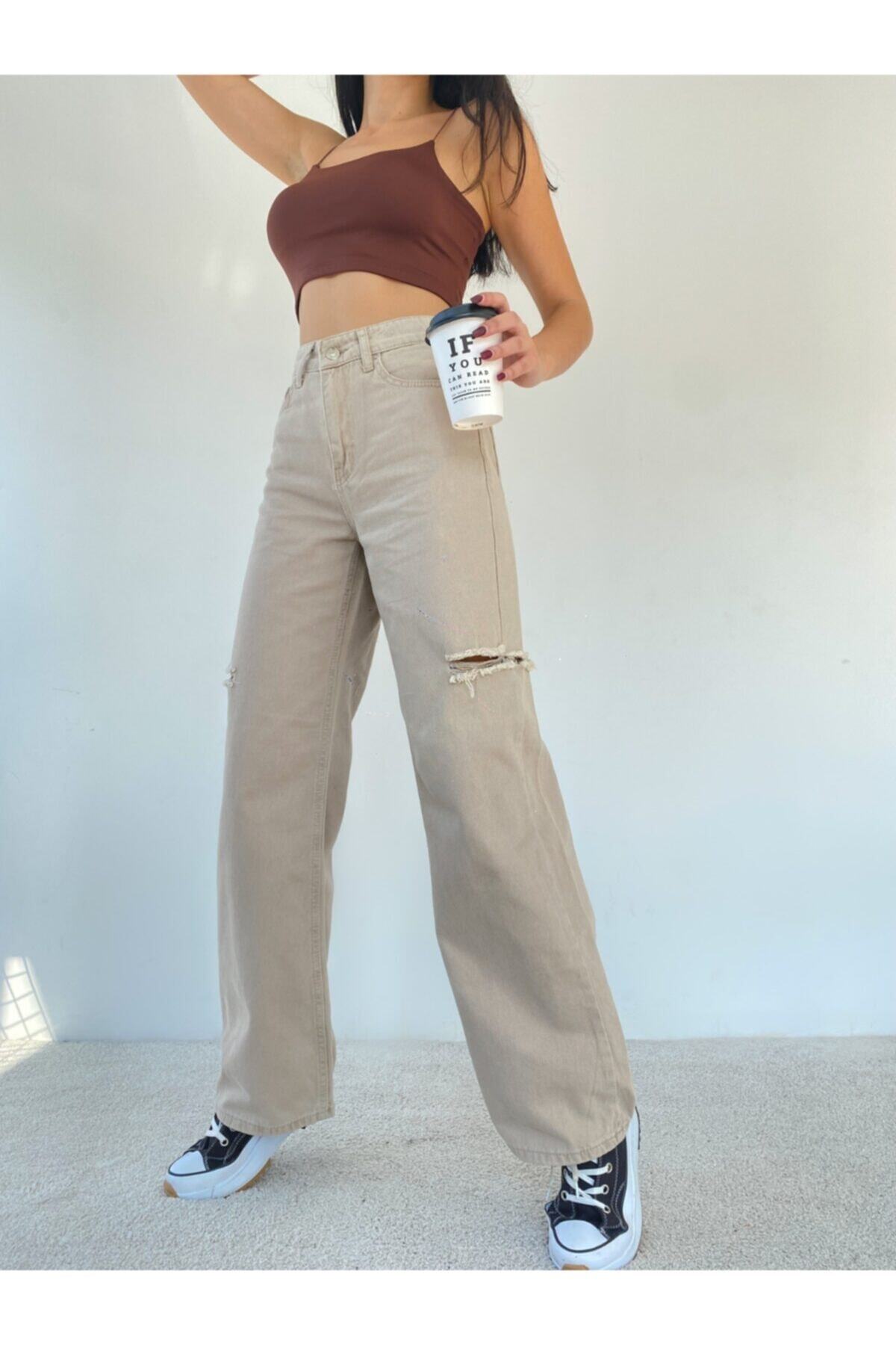 Top Secret Kadın Yan Lazer Bej Palazzo Jean Pantolon