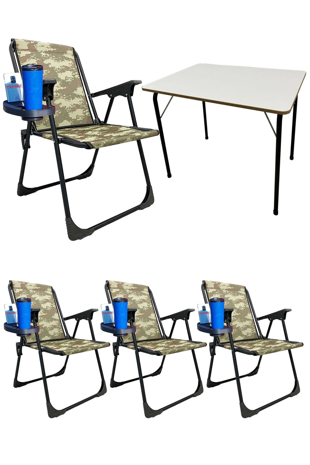moniev 4 Adet Katlanır Kamp Sandalyesi Piknik Koltuğu Plaj Şezlongu Oval Bardaklıklı Kamuflaj Mdf Masa