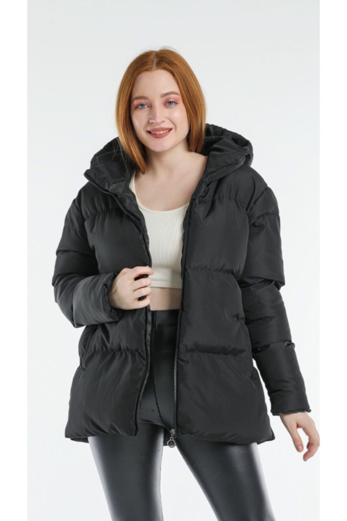 Fumood Kadın Siyah Oversize Kapüşonlu Şişme Mont