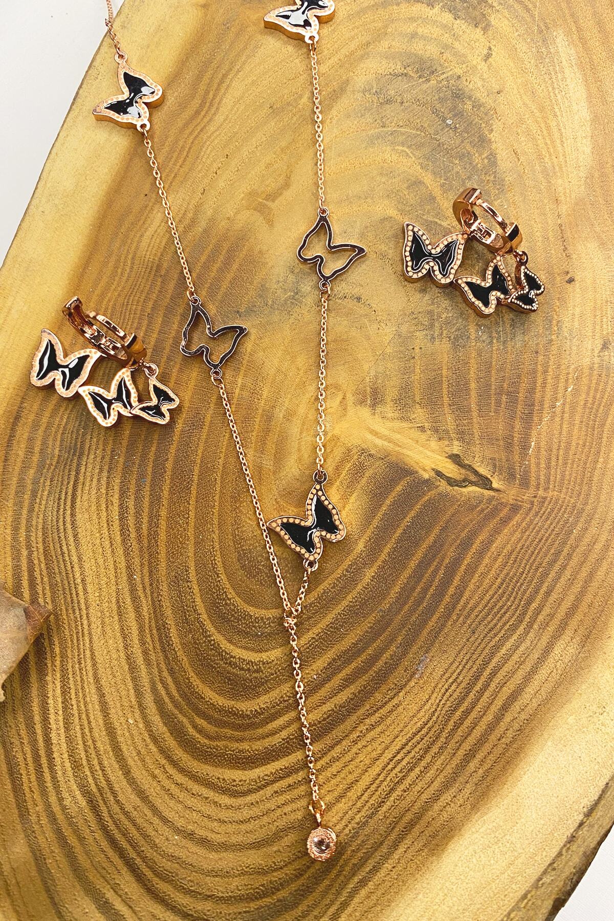 HarmonyStore Kelebek Figürlü Kolye & Küpe Set Bakır Rengi