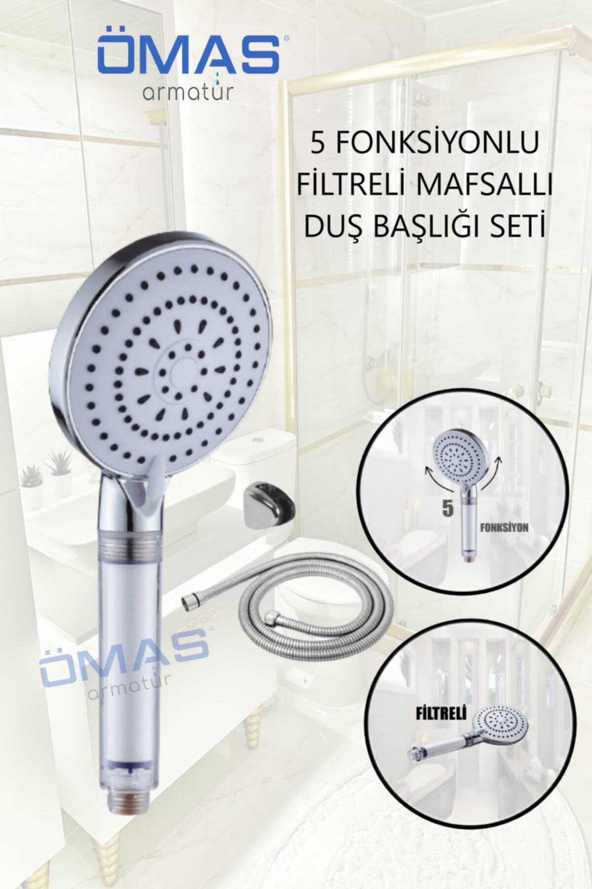 ÖMAS Otomasyon 5 Fonksiyonlu Filtreli Mafsallı Duş Başlığı, Duş Seti