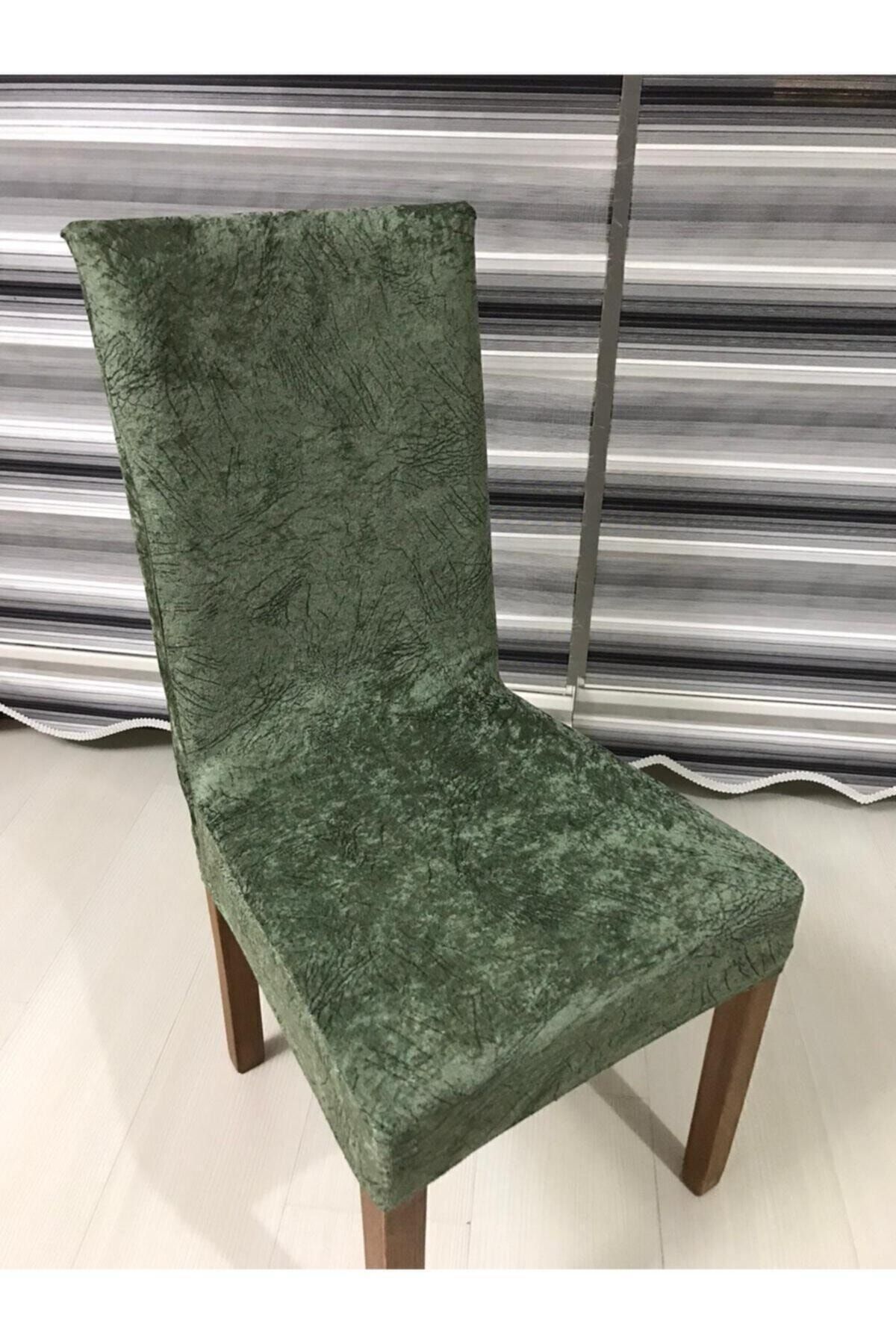 sabirehome Kadife Hakı Yeşili Siyah Damar Desenli Sandalye Kılıfı Dijital Baskılı 6 Adet Standart Tekli Örtü