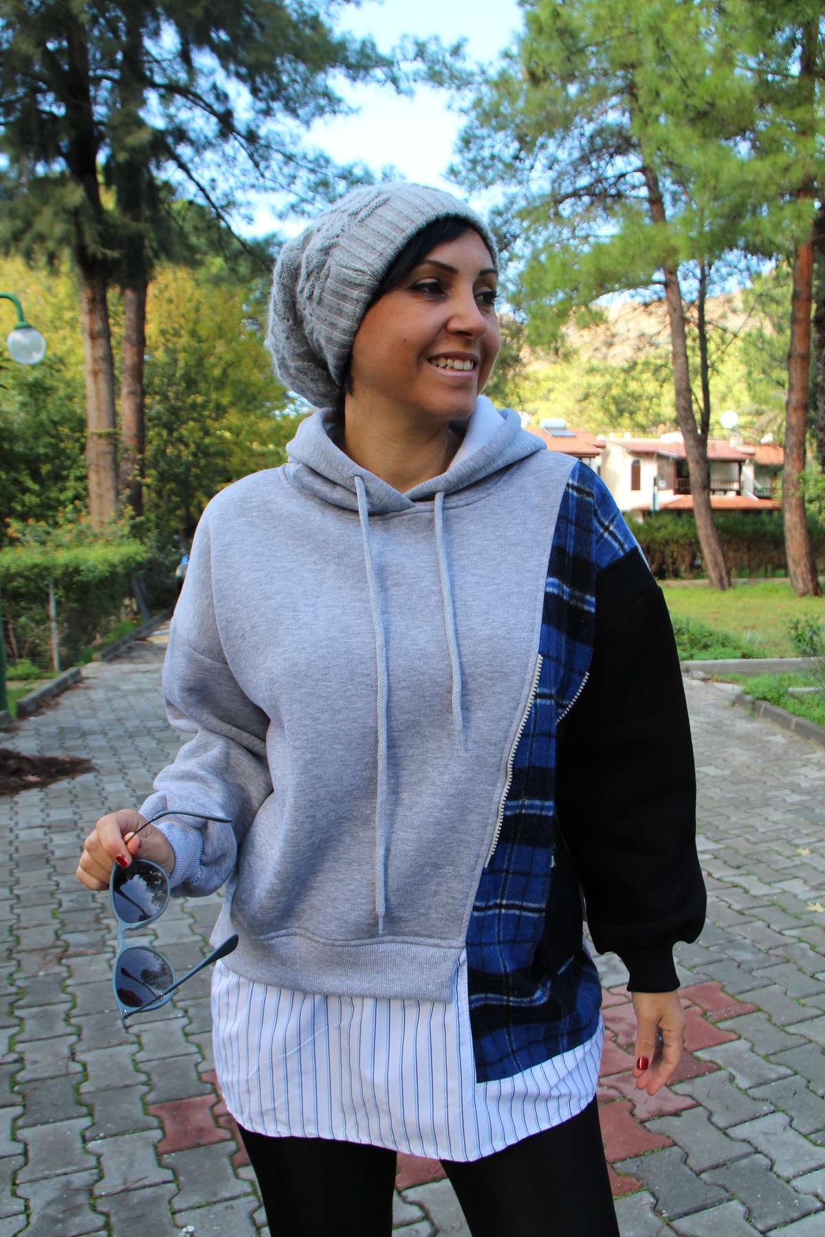 Datcha Boutique Gri Ekose Ve Fermuar Detaylı Kapüşonlu Sweatshirt