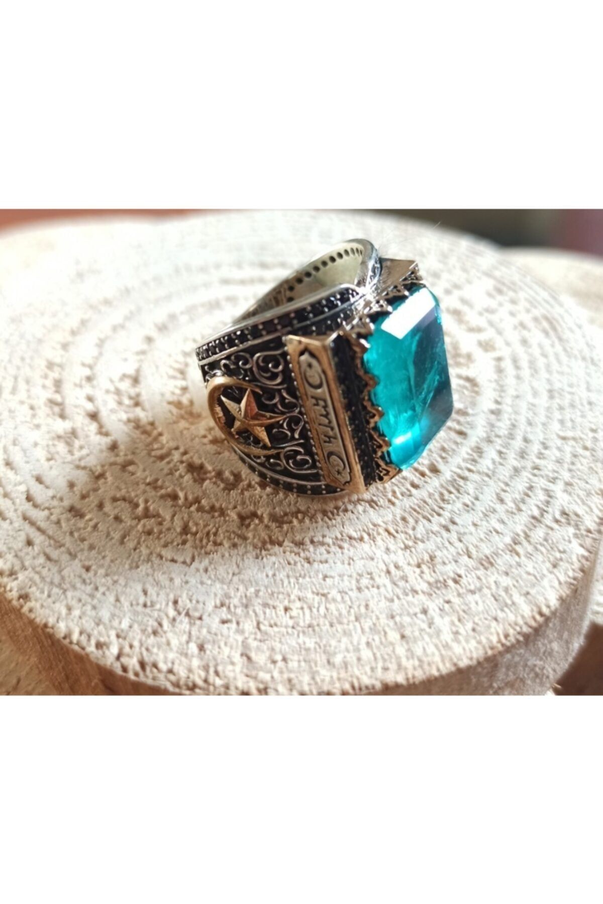 everest silver 925 Ayar Erkek Gümüş Yüzük Ay Yıldızlı Turkuaz Renk Taşlı Yüzük