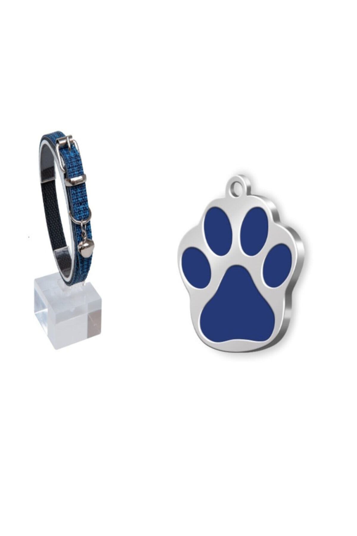 Thepassage Lacivert Desenli Deri Kedi Köpek Boyun Tasması 30 Cm+mineli Seri Pati Küçük Künye Mavi