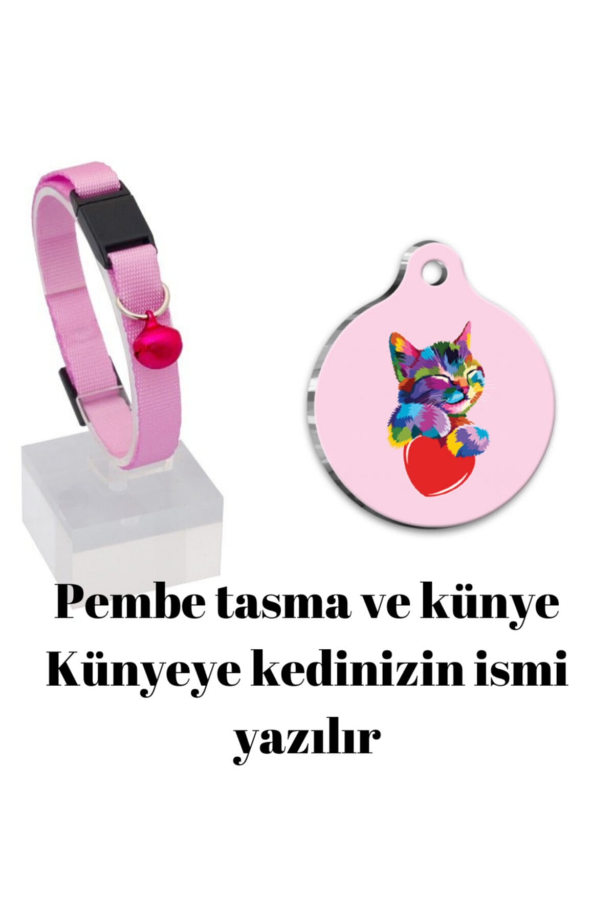 Thepassage Güvenlik Kilitli Zilli Ve Ayarlanabilir Pembe Kedi Boyun Tasması 22-30 Cm+gülümseyen Kedi Künyesi