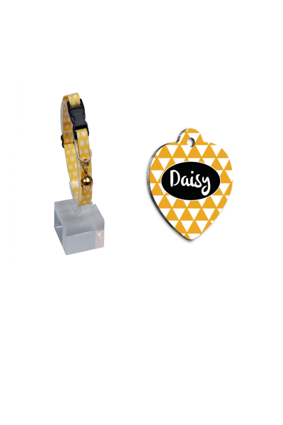 Thepassage Desenli Zilli Ayarlanabilir Kedi Boyun Tasması 22-30 Cm Sarı+sarı Üçgenli Kalp Kedi Köpek Künyesi