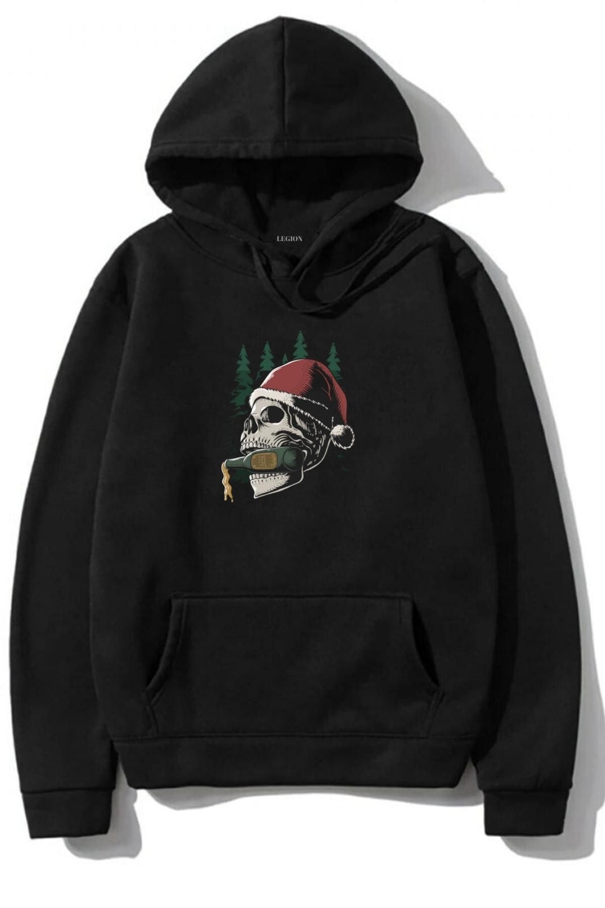 LEGION Siyah Oversize Beer Skeleton Baskılı Tasarım 2 Iplik Hoodie Sweatshirt