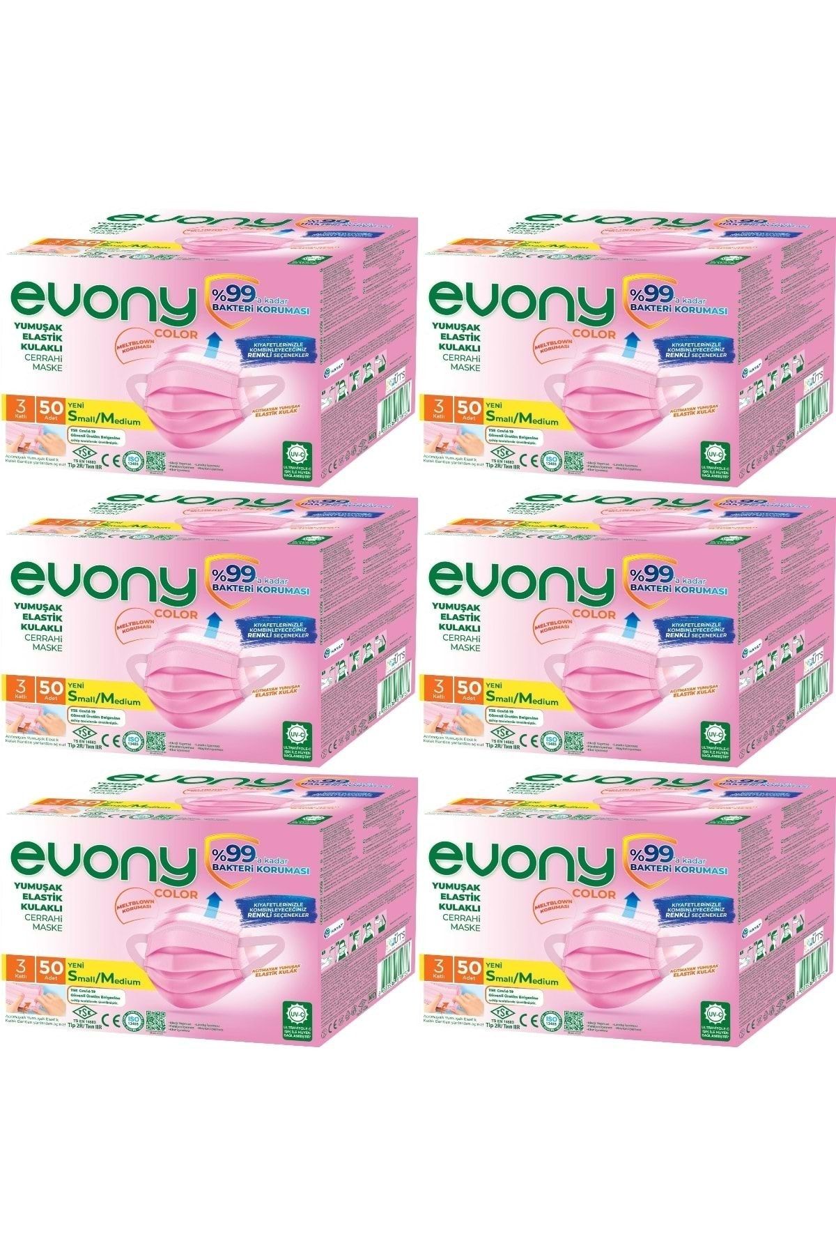 Evony 3 Katlı Filtreli Burun Telli Cerrahi Maske 300 Lü Set Small/medium Pembe 160*90mm (6PK*50)