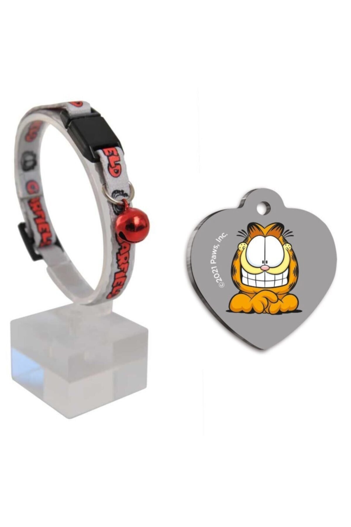 thepassioniz Garfield Gri Kırmızı Desenli Güvenlik Kilitli Ayarlanabilir Yumuşak Doku Kedi Boyun Tasması 22-30 Cm