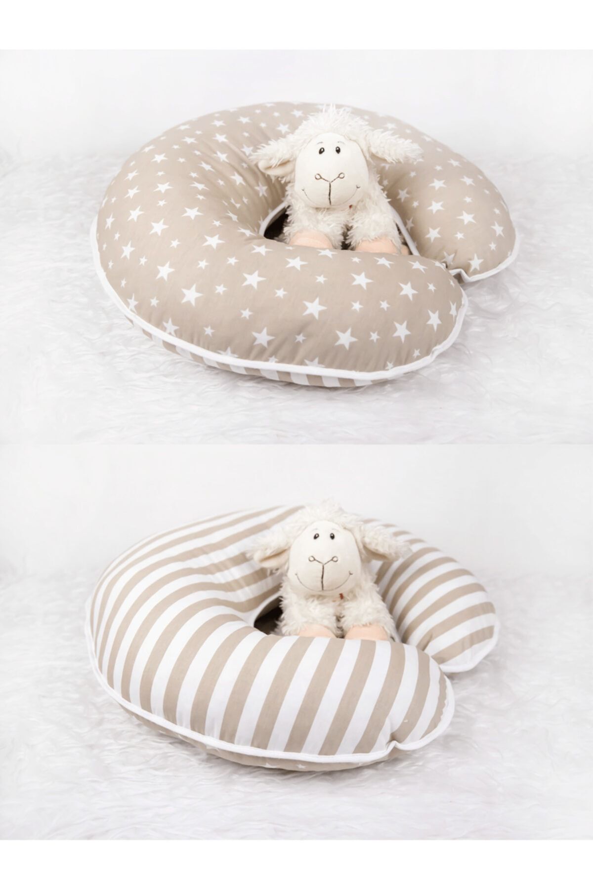 Babynest Emzirme Yastığı Ve Destek Minderi Krem Yıldız Ve Krem Çizgili