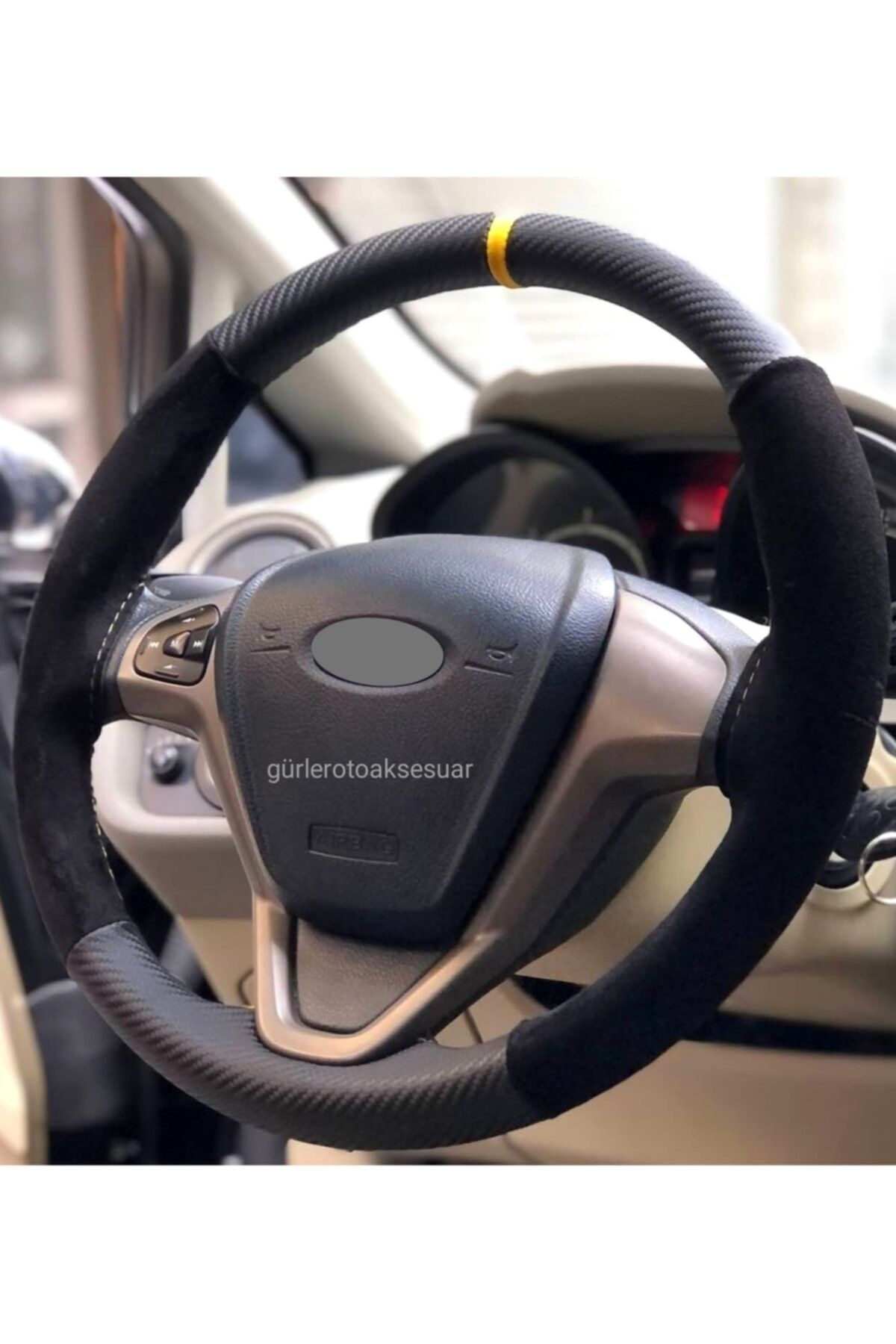 gürlerotoaksesuar Chevrolet Aveo Dikmeli Direksiyon Kılıfı Alkantra Karbon Sarı Yüzüklü