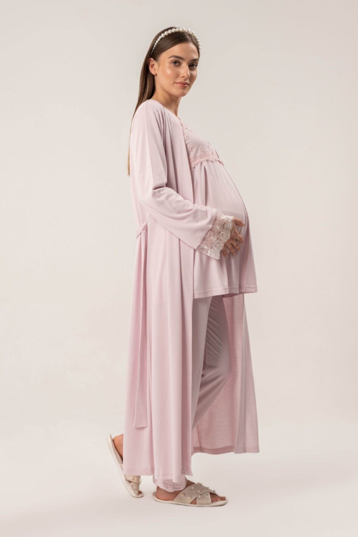 Aymires Dantelli Pamuklu Pembe Kadın Lohusa Sabahlıklı Pijama Takımı