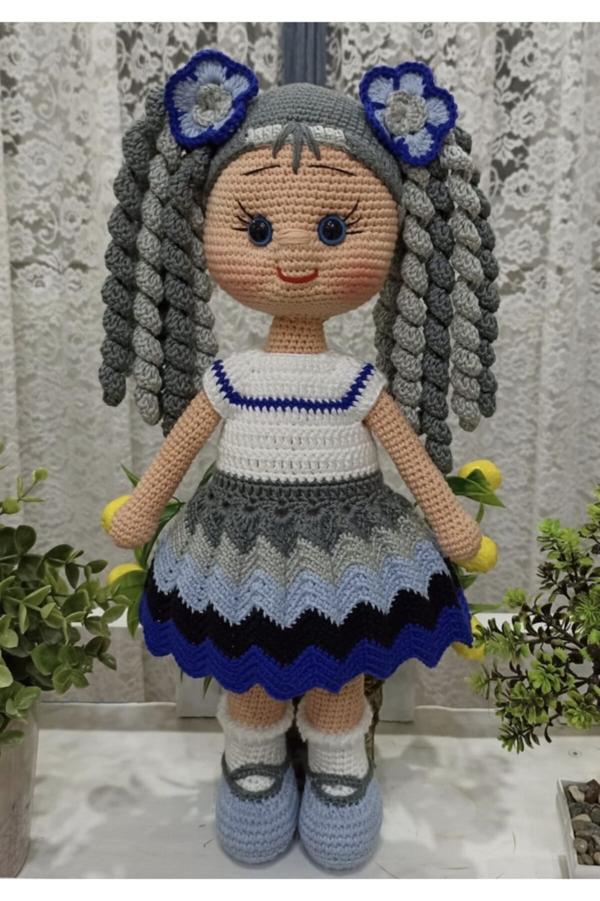 USTAHOBİEVİ Amigurumi Büyük Gri Saçlı Bebek