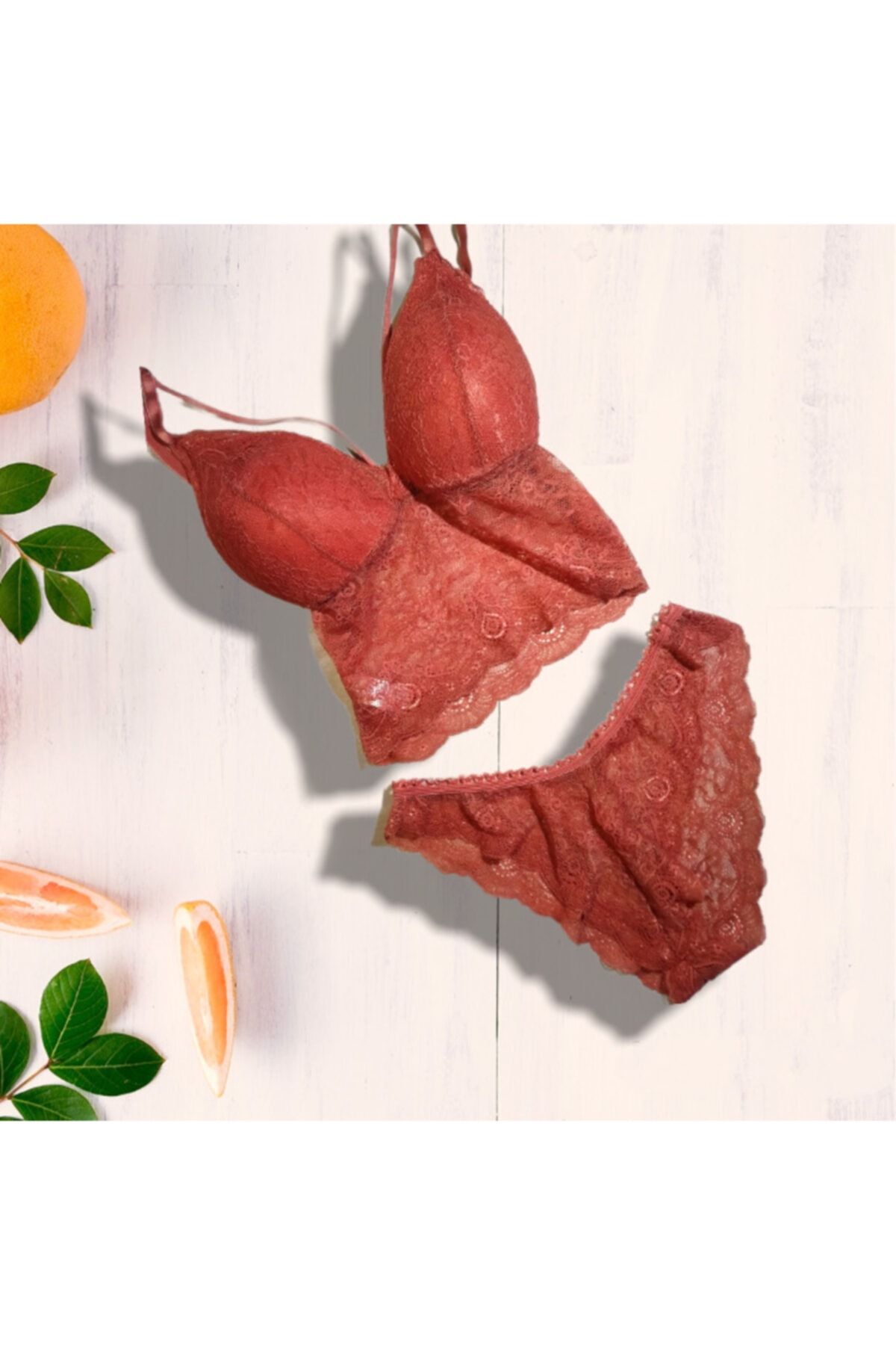 Asel Kadın Kiremit Rengi Dantel Detaylı Bralet Takımı