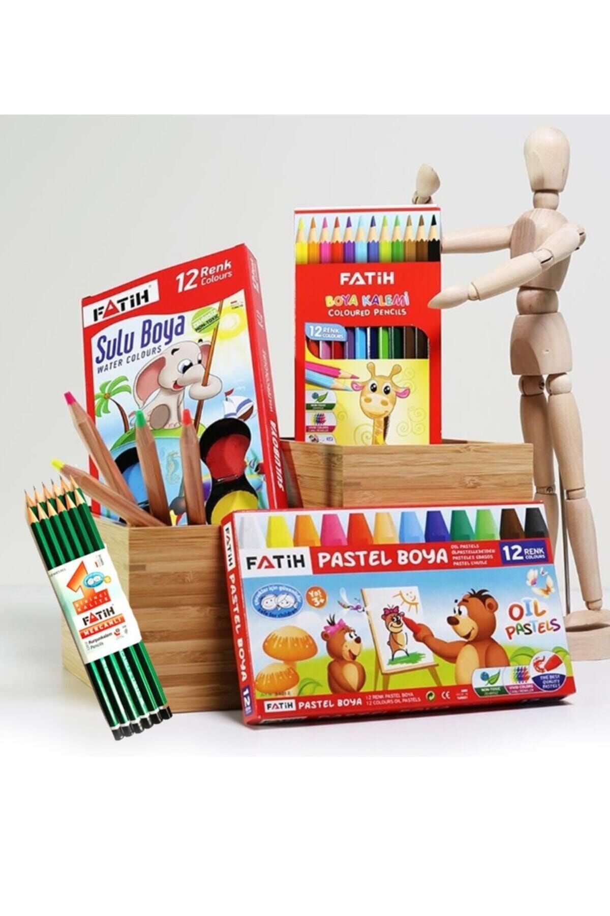 Fatih Okul Seti - Pastel Boya + Kuru Boya + Sulu Boya + 12 Adet Kalem