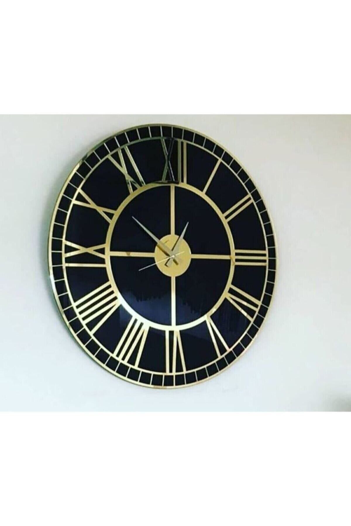 Biomak Siyah ve Gold Pleksi Romen Rakamlı  Salon Dekoratif Duvar Saati Ebat 50x50