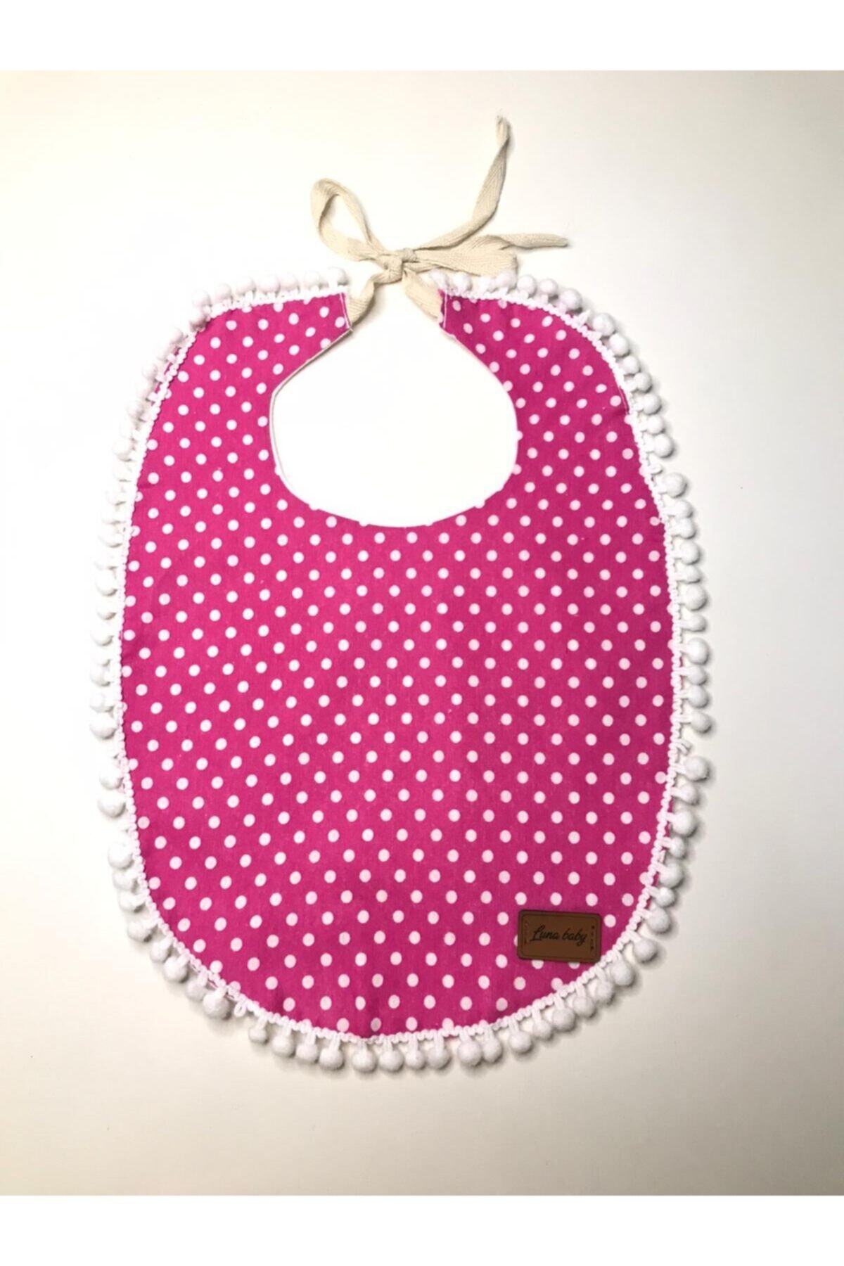 LUNA BABY Çift Katlı Pembe Puantiyeli %100 Organik Bebek Ve Çocuk Yakalık Mama Önlüğü Ponponlu