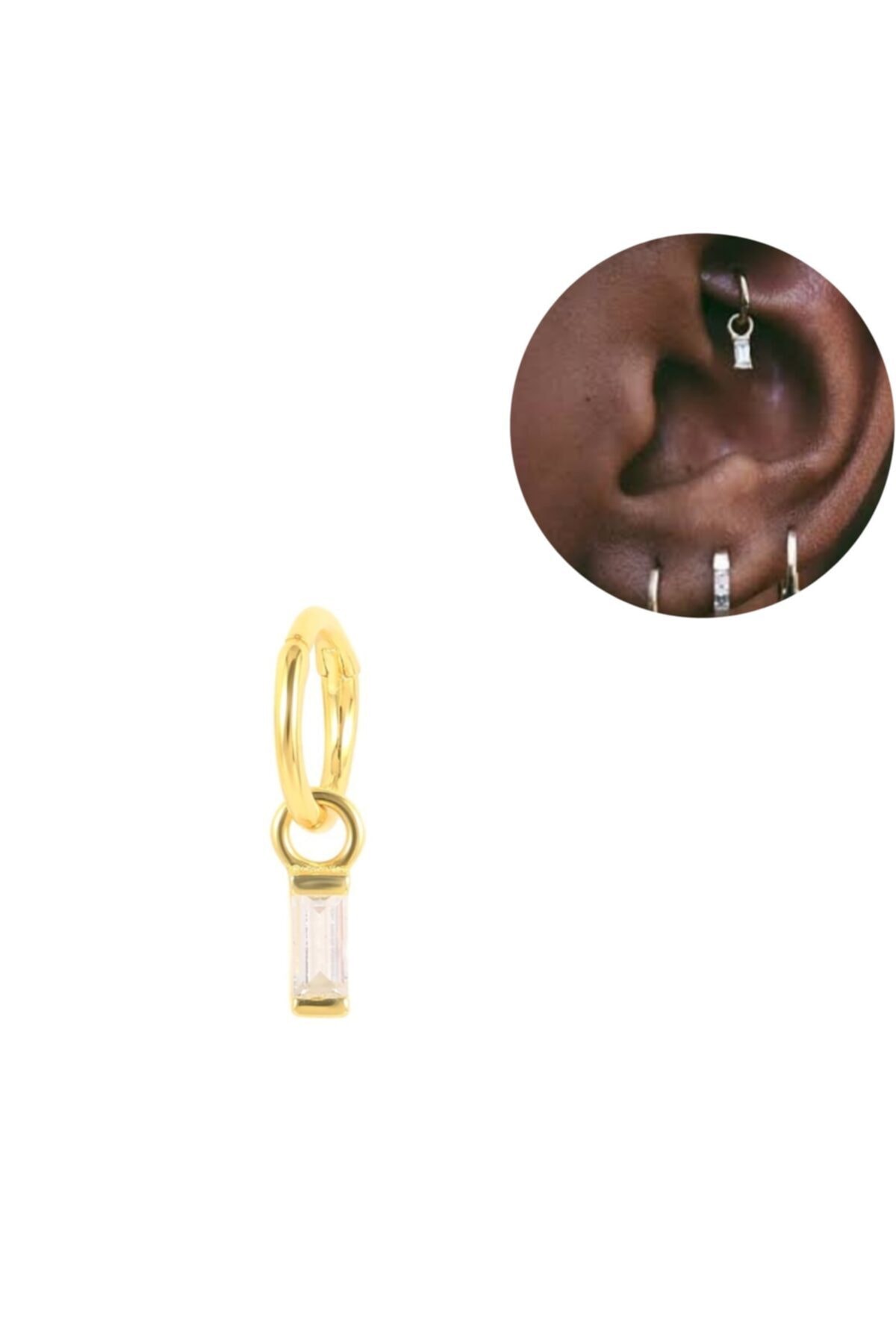 Bylin Baget Taş Charmlı 925 Ayar Gümüş Gold Mini Halka Piercing 6 Mm