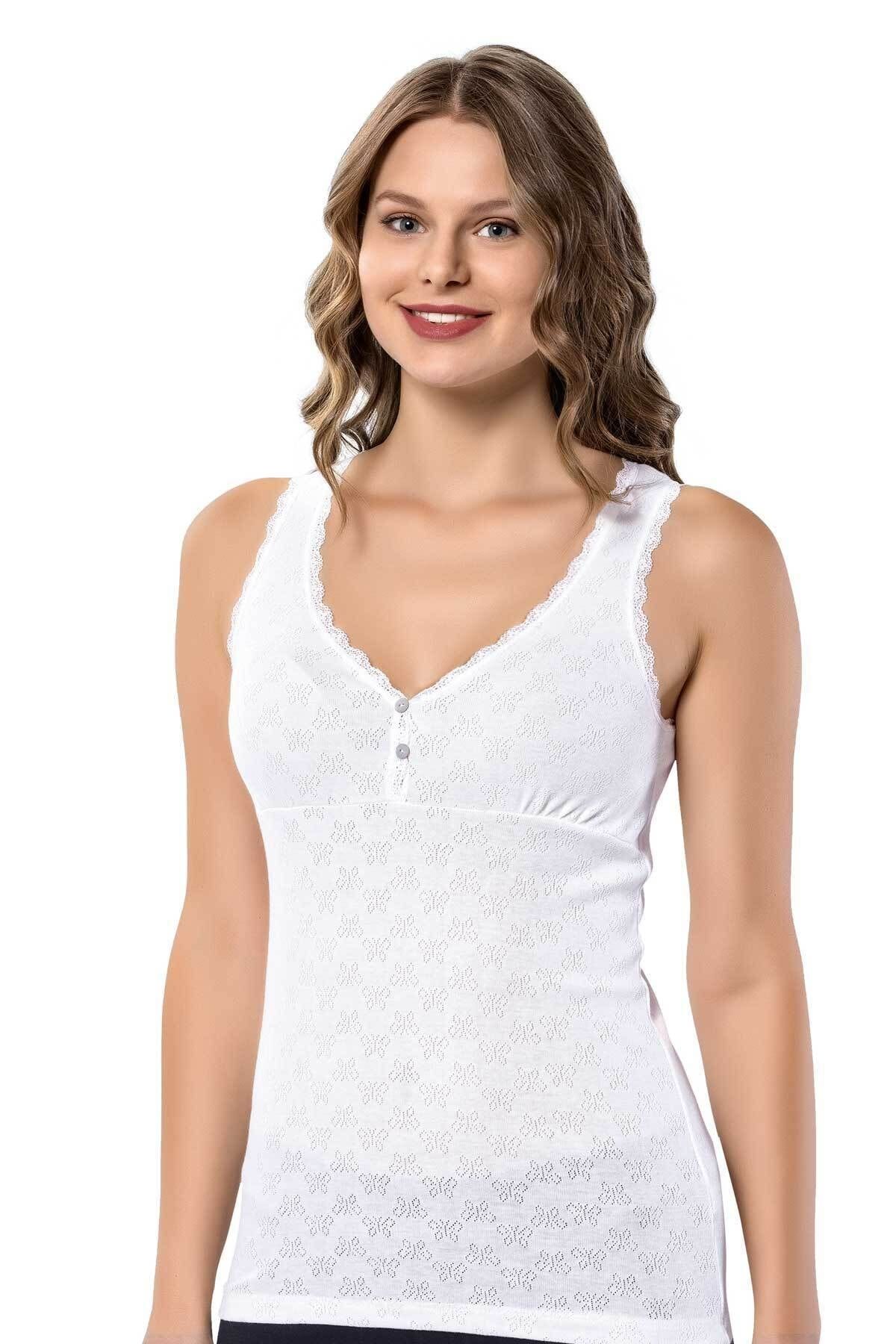ÖZKAN underwear Özkan 24202 Kadın Pamuklu Jakarlı Kalın Askılı Düğmeli Atlet