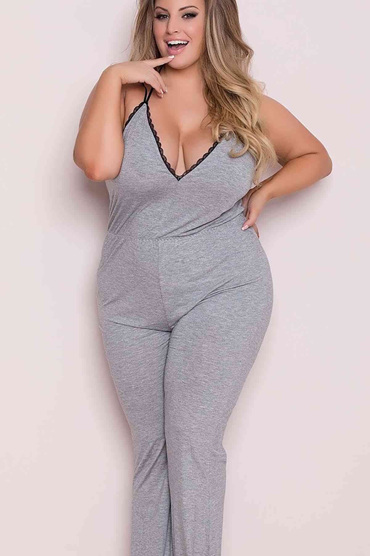 SeEs Mağaza Merry See Büyük Beden Gri Dantel Işlemeli Eşofman Pijama Tulum