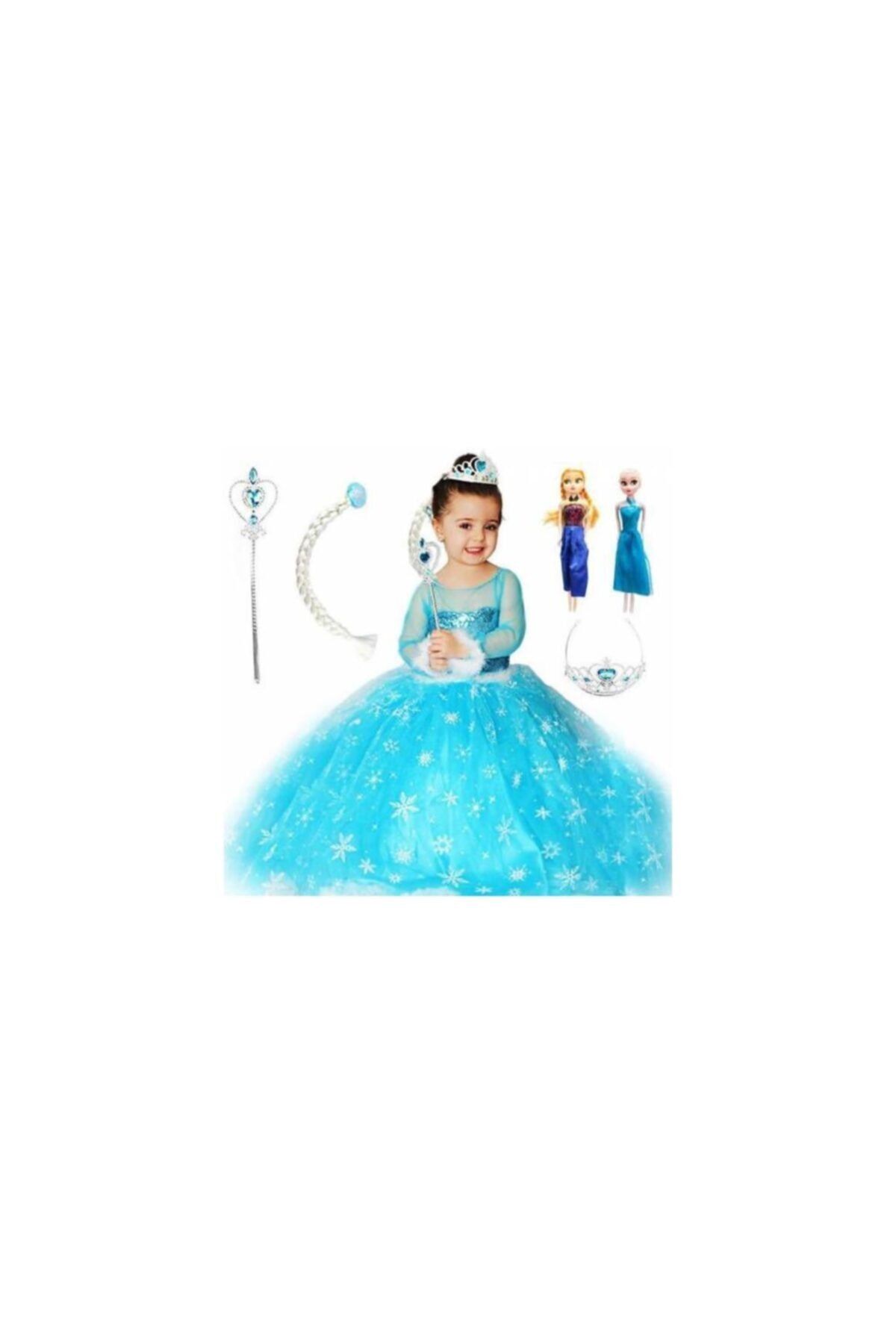 Happy Dreams Frozen Elsa Kostüm Uzun Kolu Tarlatanlı Tüllü Saç Taç Eldivenli 7-8 Yaş