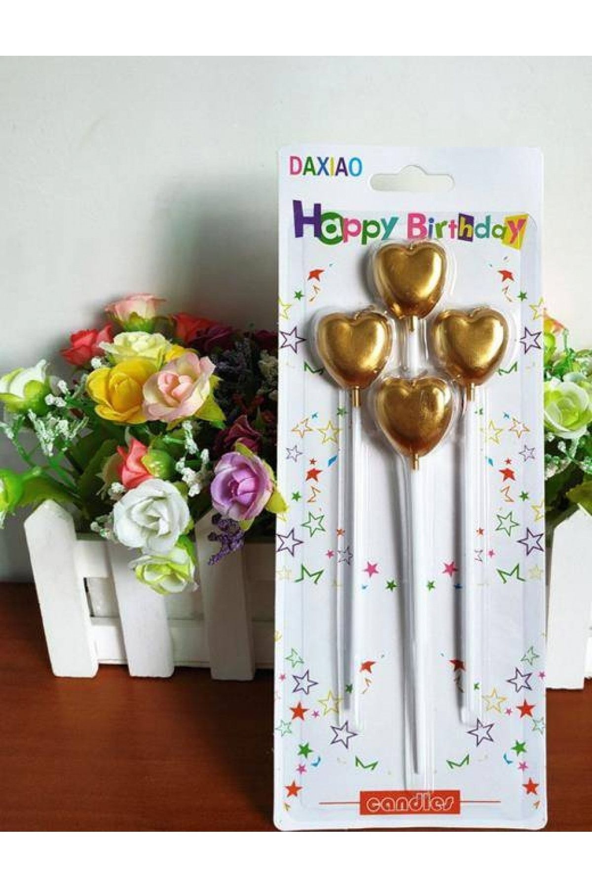 NO.8 HOUSE Çubuklu Metalize Kalp Mum Doğum Günü Mumu Gold 4 Adet