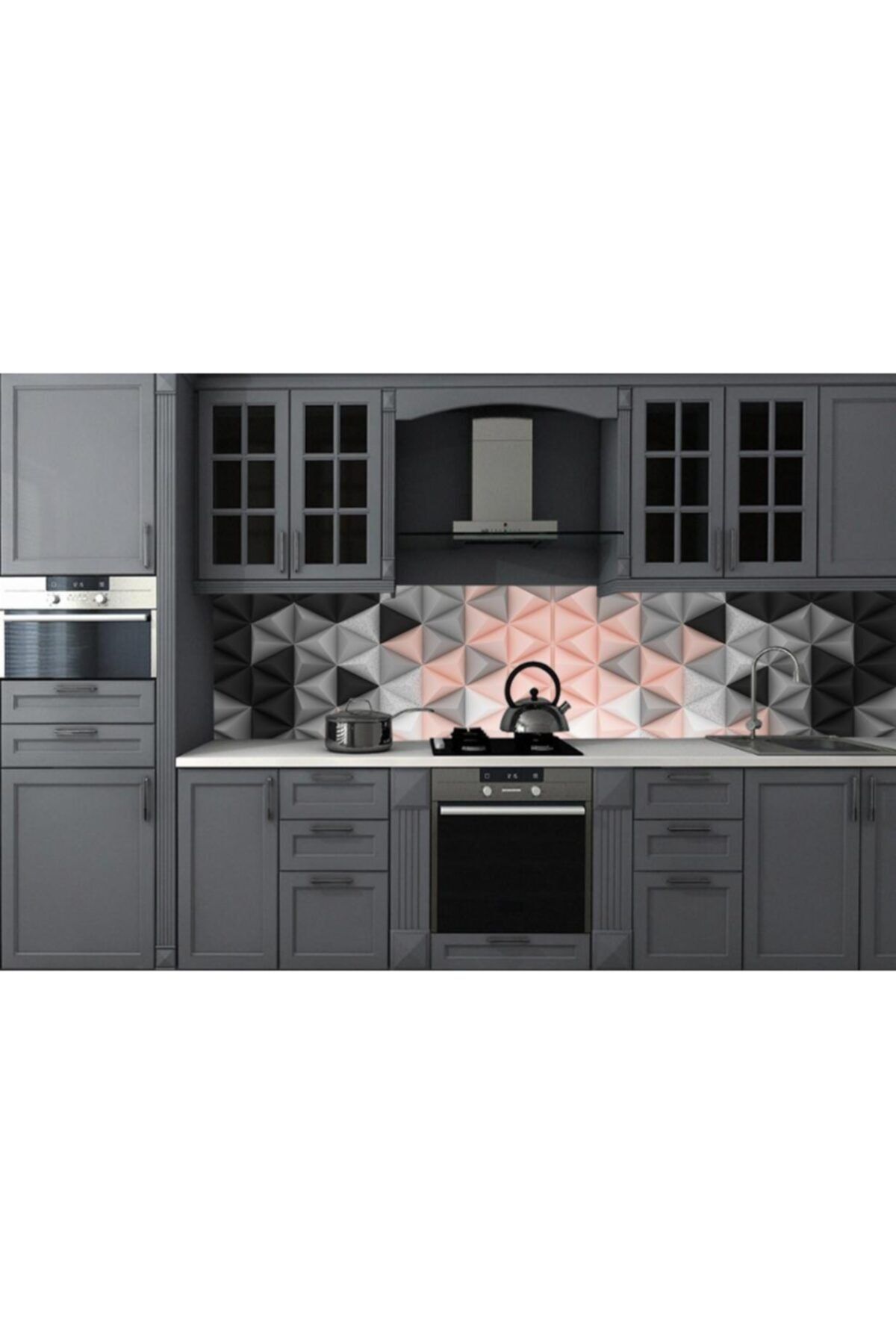 Renkli Duvarlar Mutfak Tezgah Arası Siyah Pembe Geometrik Desen 60x450 60x150