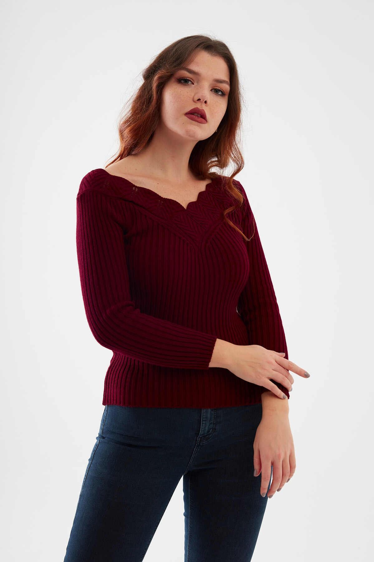citycenterfashion Kadın Büyük Beden Bordo Kazak Yaka Güpür Cty-cnd-11903b