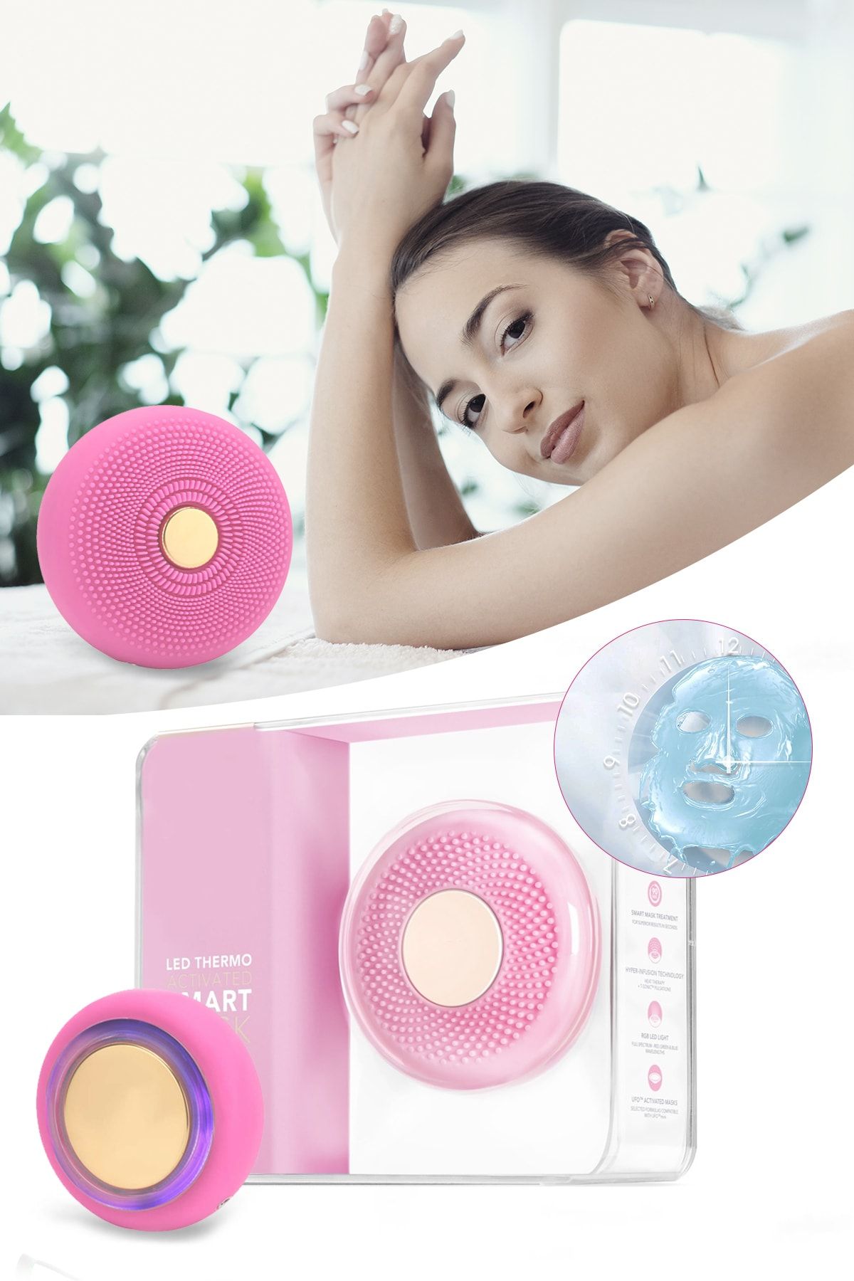 xolo Smart Mask Ultrasonik Maske Uygulama Cihazı Işık Terapi Titreşimli Pembe Peeling Masaj Cihazı