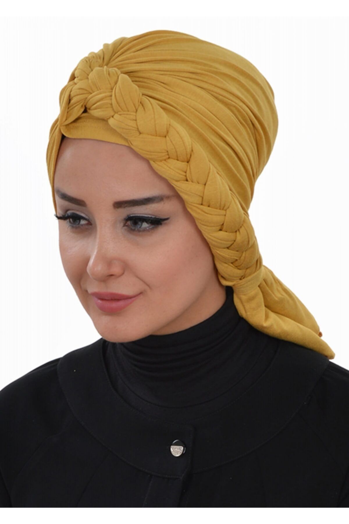 Biriz Moda Yandan Örgülü Penye Bone Hardal Sarısı