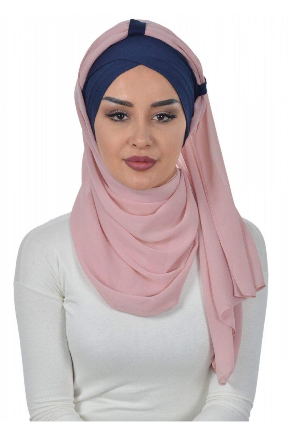 Biriz Moda Penye Boneli Şifon Şal Lacivert - Pudra