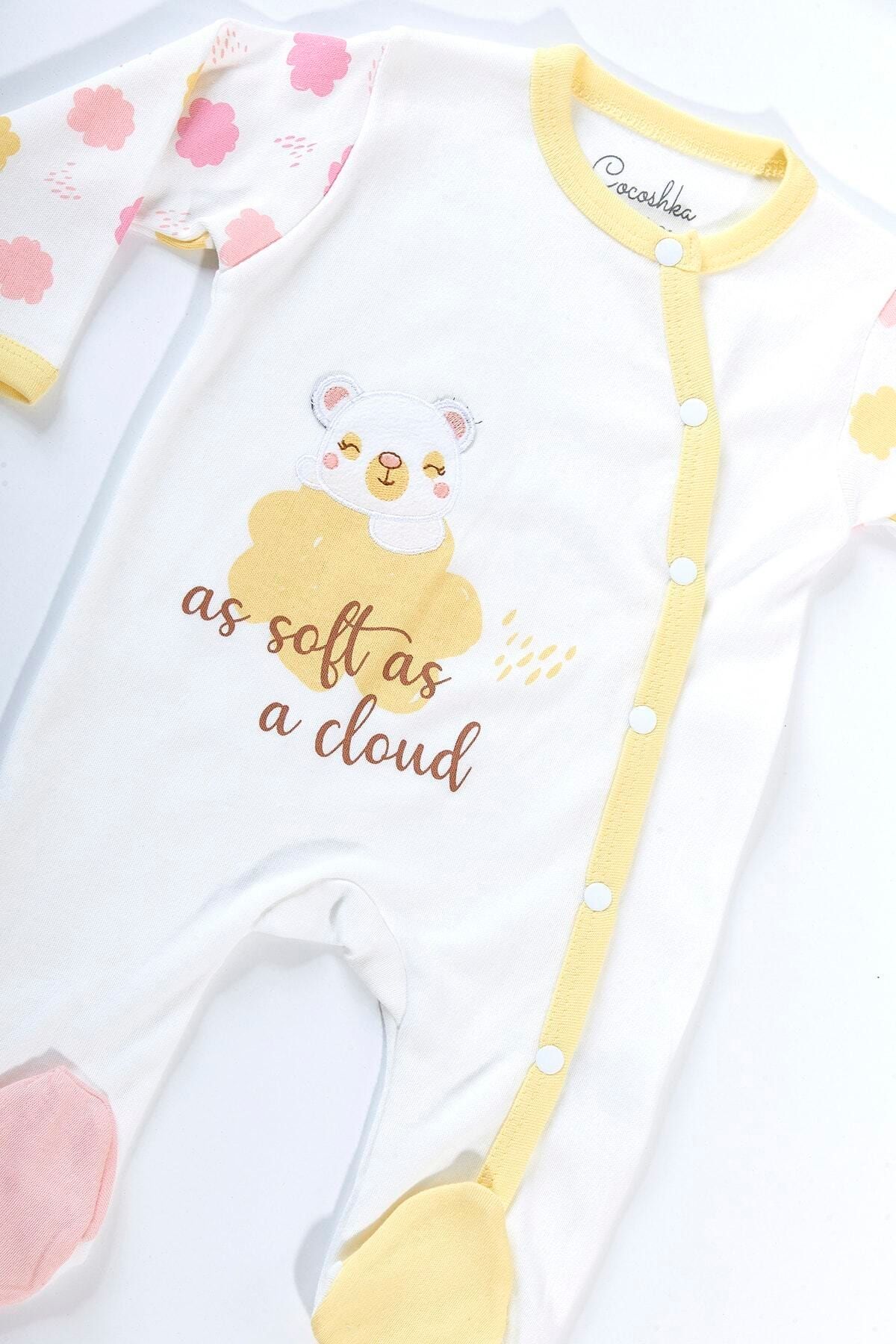 Cocoshka %100 Pamuk Sarı Ayıcık Baskılı Bebek Tulumu