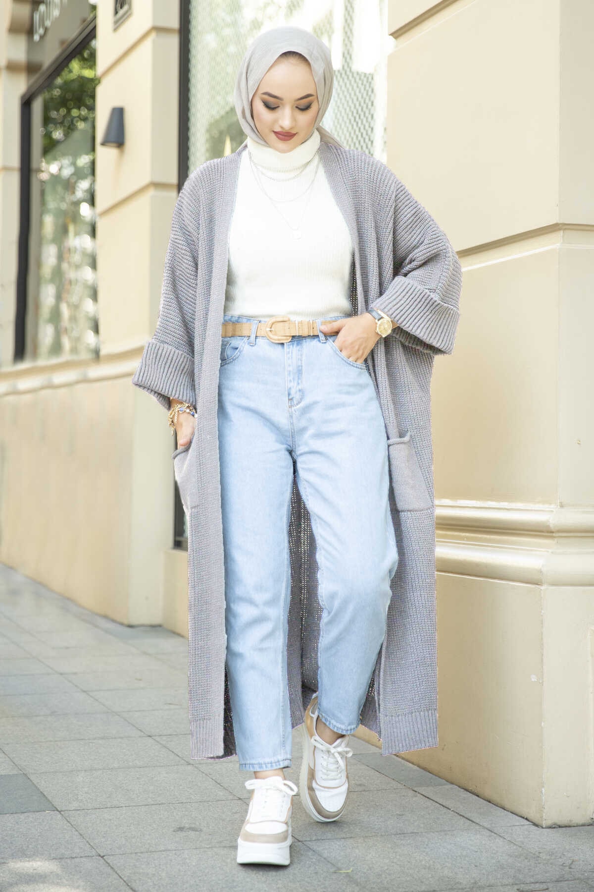 LOVELY FASHION Tesettür Triko Hırka Açık Gri
