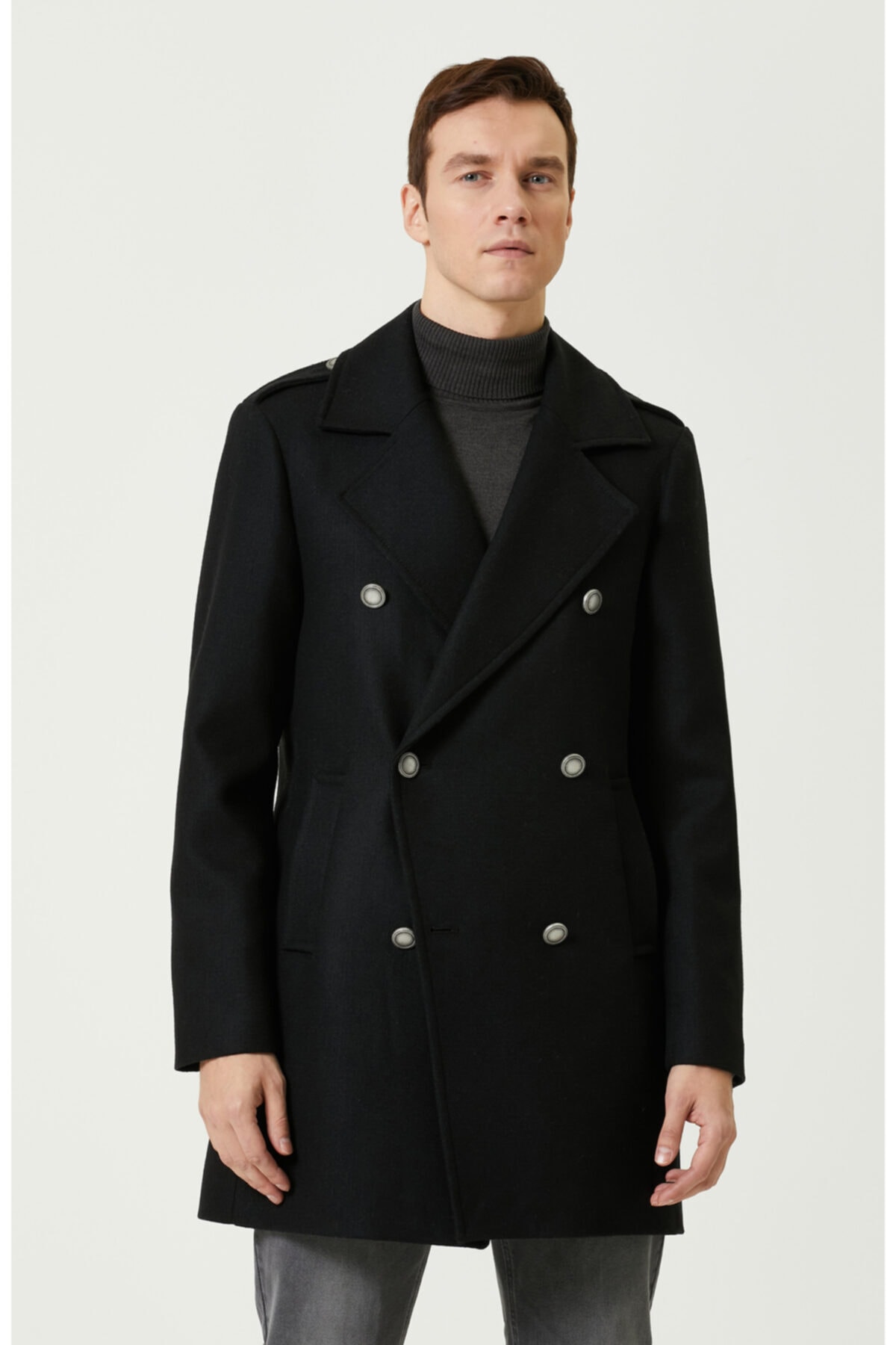 Network Slim Fit Siyah Yün Palto