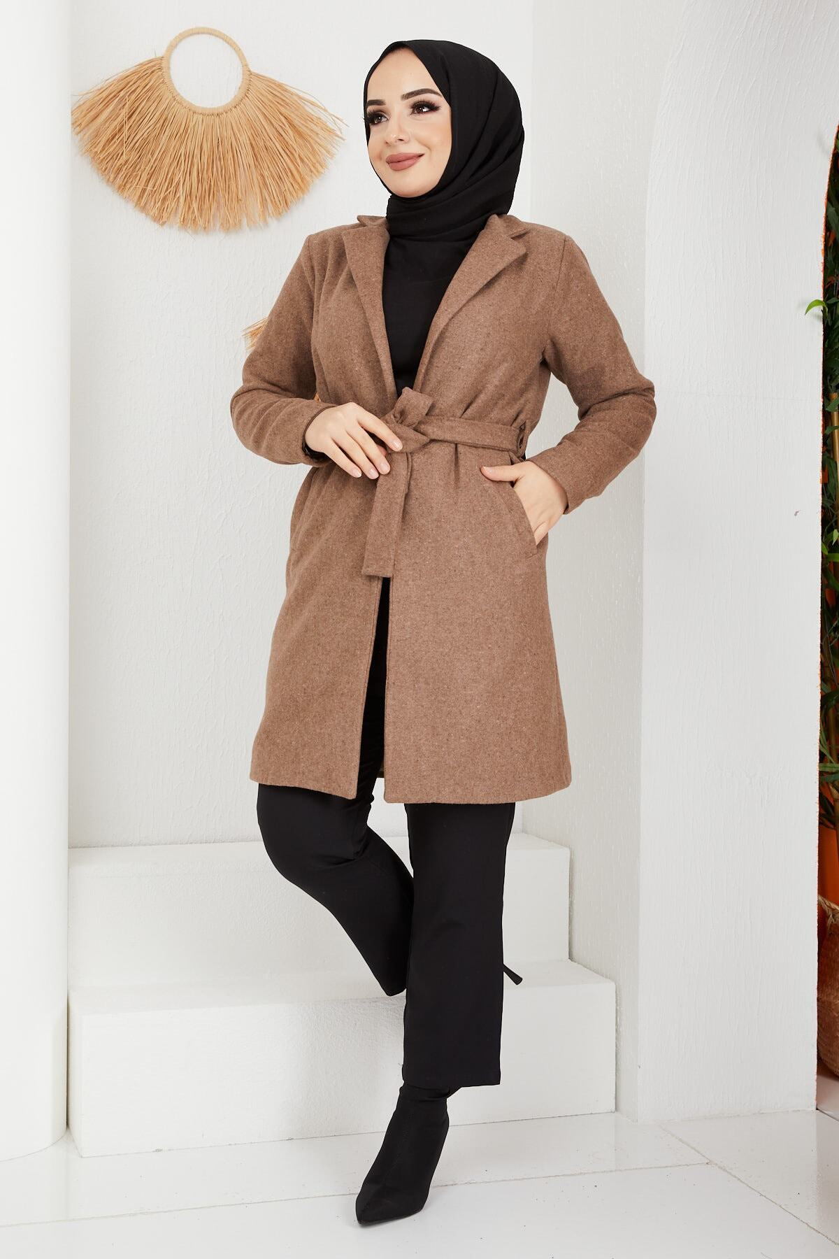 İmajButik Kuşak Detaylı Kaşe Kaban/taba