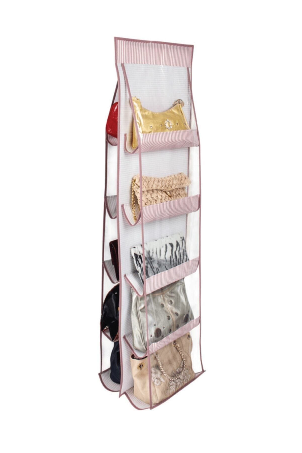 Keven Home Çanta Saklama Organizeri - 10 Cepli Çanta Düzenleyici - 125x37cm -çizgili Model, Pembe