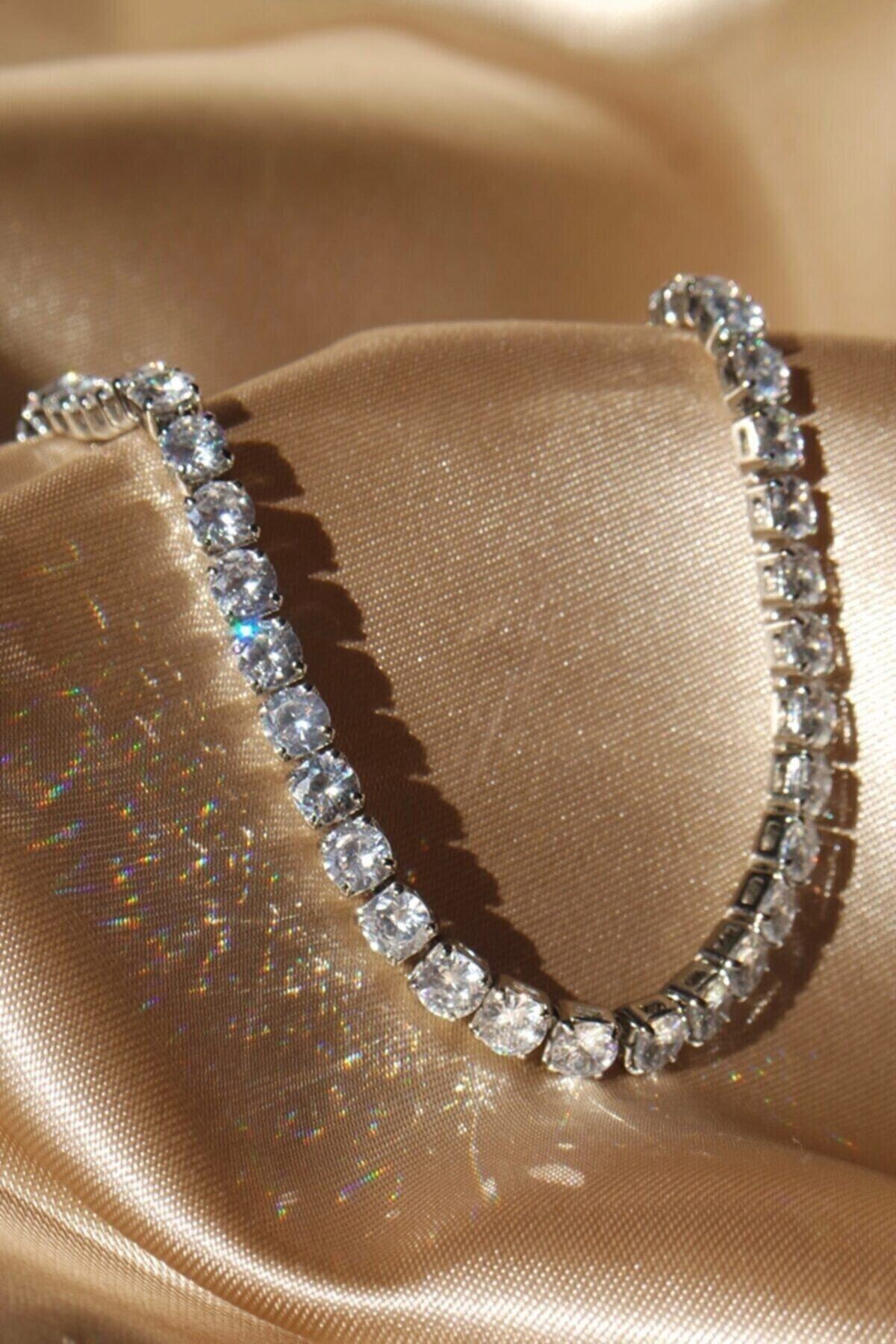 Fashion Jewellery Zirkon Taşlı Gümüş Pırlanta Modeli Su Yolu Bileklik