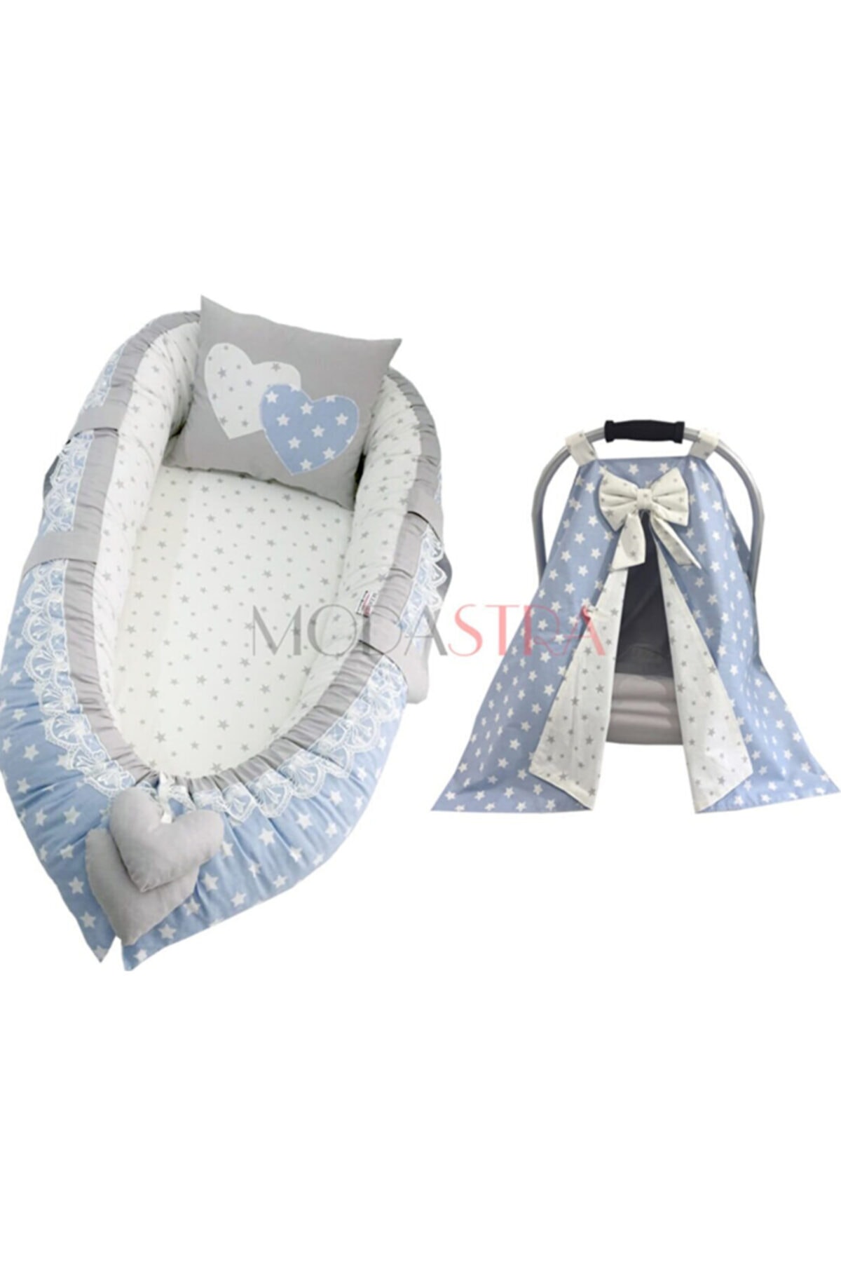 modastra Mavi Ve Gri Yıldız Kombin Babynest Ve Puset Örtüsü Takımı Bebek Yuvası