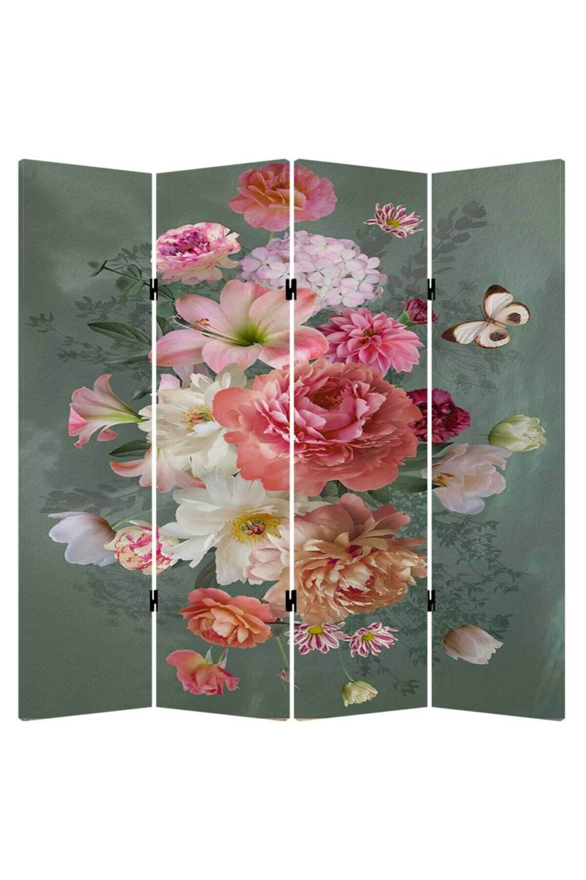 StellaStore Çiçek Desenli 4 Kanatlı Oda Bölücü Çift Taraflı Kanvas Paravan