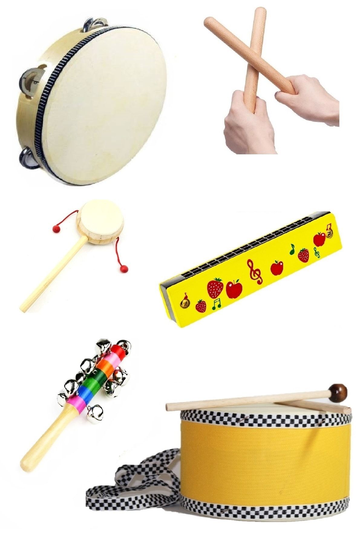AyasEğiticiOyuncak 6'li Ritim Seti Deri Davul - Deri Tef - El Davulu- Ritim Çubuğu - Renkli Çocuk Mızıka -marakas