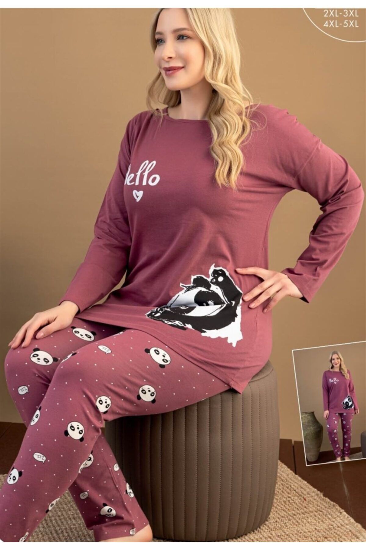 Aria's Closet Büyük Beden Panda Desen Pijama Takımı