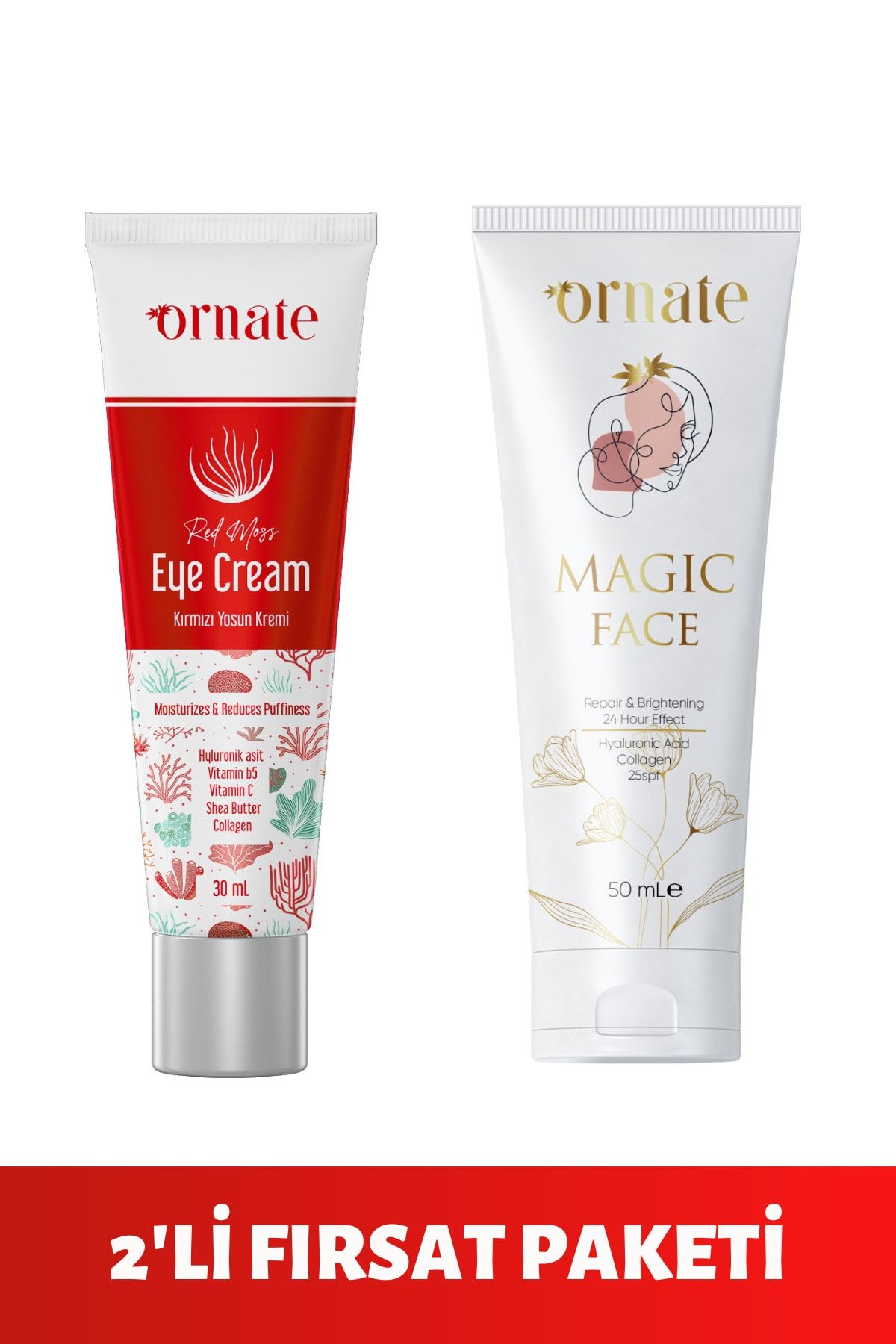 ORNATE COSMETICS Kırmızı Yosun Göz Altı Morluk Ve Kırışıklık Kremi, Magic Face Leke Karşıtı Fondöten Seti