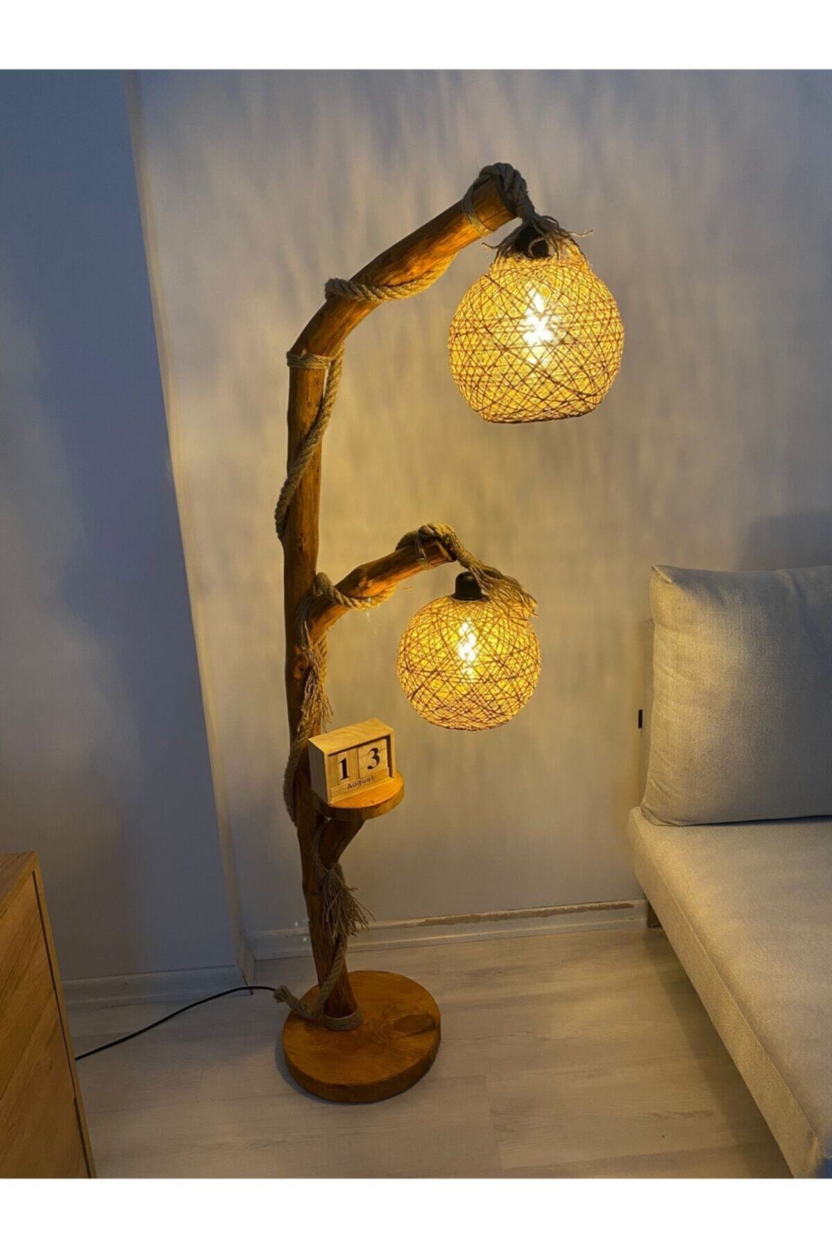 SİDRE WOOD ART Ağaç Lambader Doğal Ağaç Ahşap Lambader Defne Serisi 140-150 Cm Çift Küre