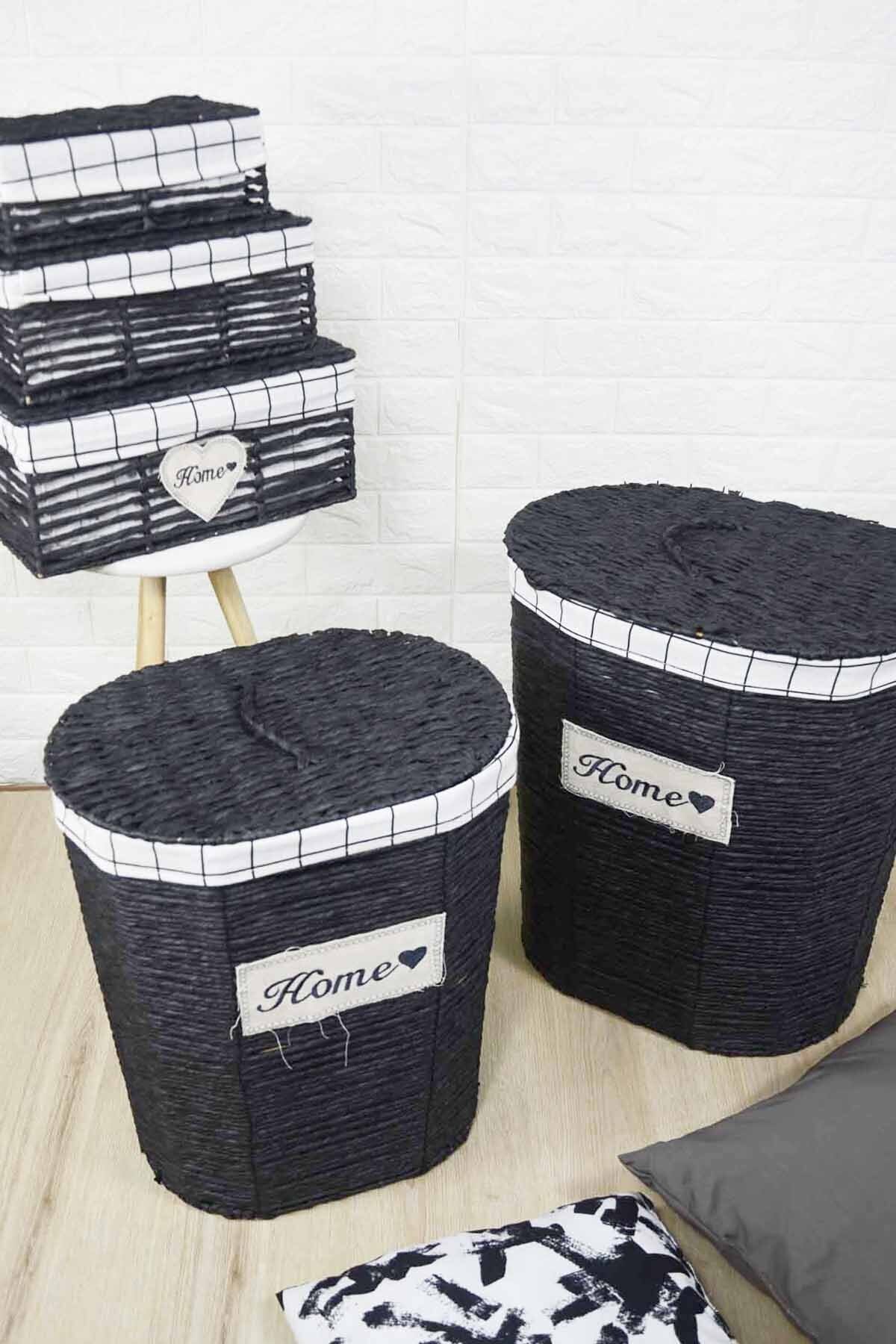Gülruli Lüx Hasır Çamaşır Sepeti 5 Li Siyah Oval