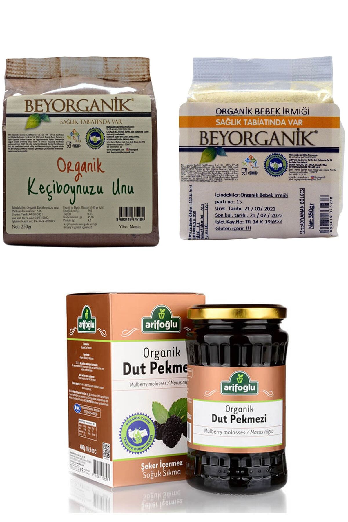 Arifoğlu Organik Dut Pekmezi - Beyorganik Bebek Irmiği 350 G - Keçiboynuzu Unu 250 G.