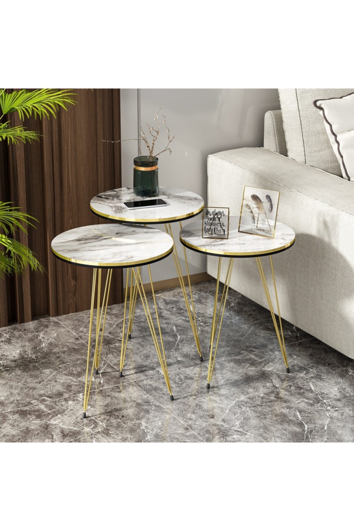 boss home concept Beyaz Mermer Desenli Çift Gold Serisi Tel Ayaklı Zigon Sehpa