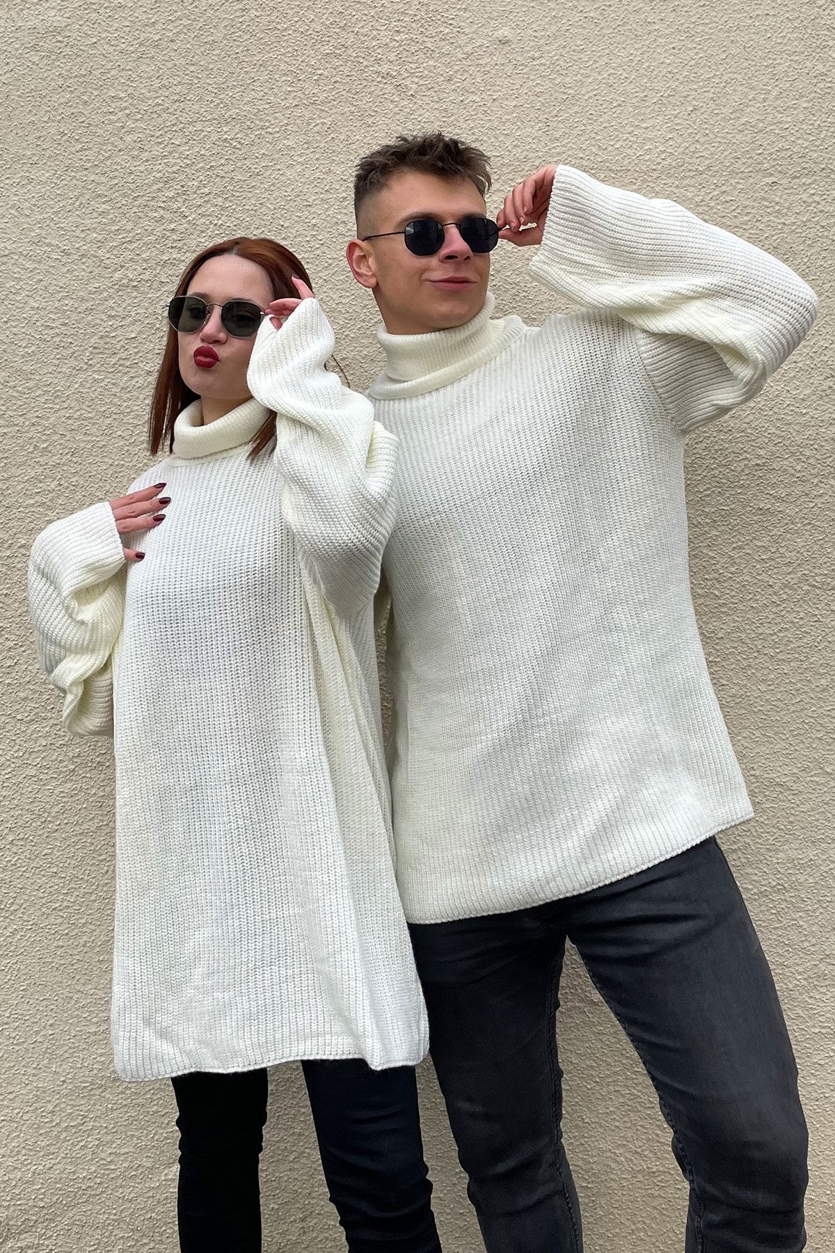 PUMP BUTİK Unisex Beyaz Oversize Örme Kazak