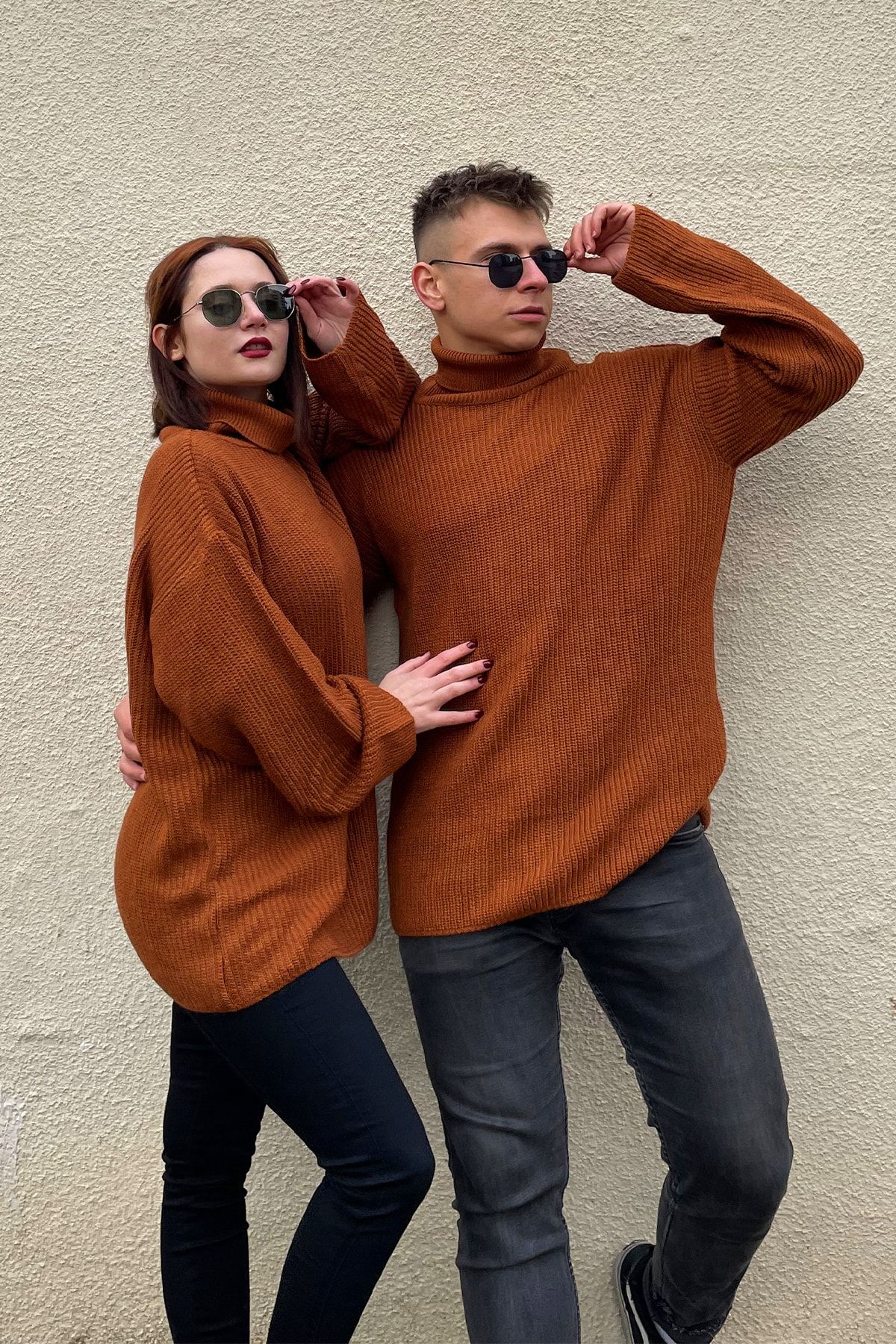 PUMP BUTİK Unisex Kiremit Rengi Oversize Örme Kazak